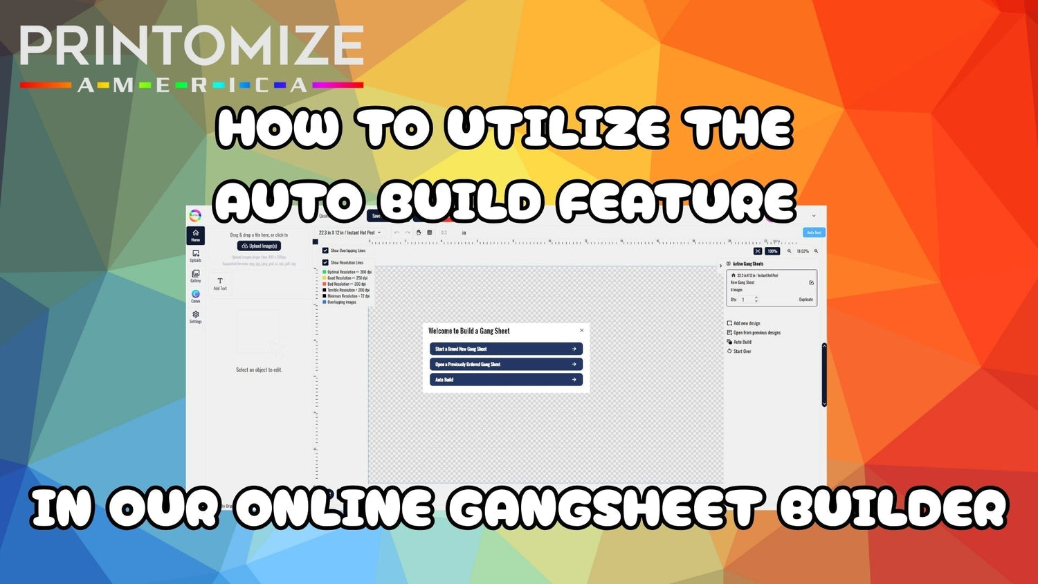 DTF Gangsheet Builder Home Screen – Screenshot of Printomize America’s DTF gangsheet builder tool.