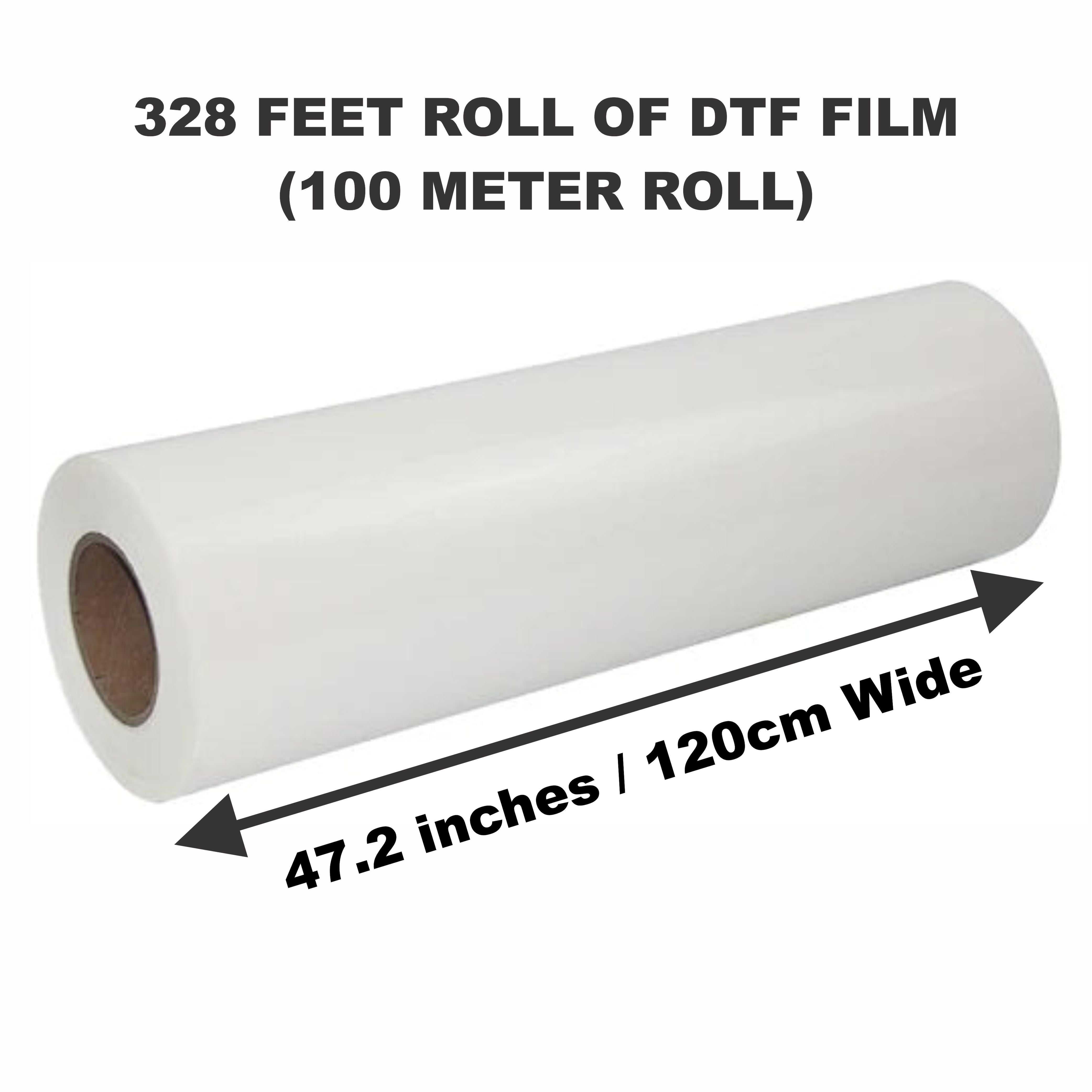 47.2β x 328 Feet Roll Of DTF Film - Double Sided Instant Hot Peel by Printomize America showcasing its dimensions and versatility for DTF inks on various fabrics.