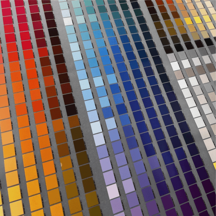 A visual display of a palette with various color swatches, emphasizing the extensive color gamut available in Hyper DTF transfers by Printomize America.