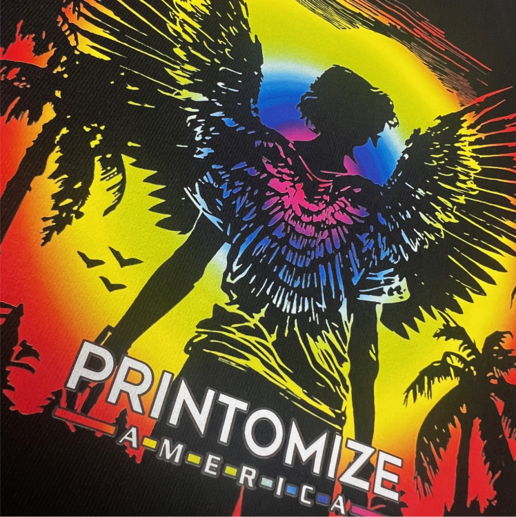 An artistic graphic featuring a silhouette of a person with wings, engulfed in vibrant colors, showcasing the capabilities of Hyper DTF transfers by Printomize America.