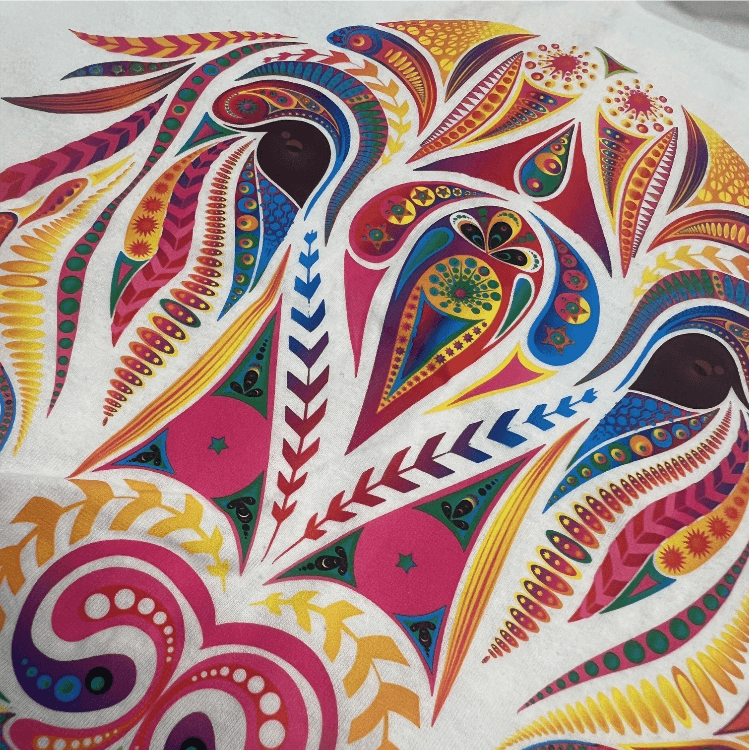 A detailed illustration featuring intricate patterns and colors on fabric, demonstrating the unique designs possible with Hyper DTF transfers by Printomize America.