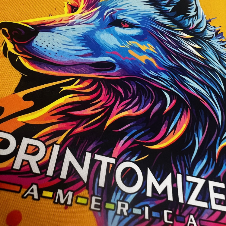 Close-up of a striking wolf graphic from Printomize America, featuring a dynamic colorful design, representing the high-quality aesthetic of their DTF Custom Transfers (46inch).