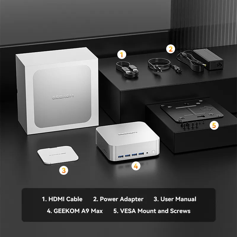 GEEKOM A9 Max mini PC box contents: HDMI cable, power adapter, user manual, mini PC and VESA mount with screws