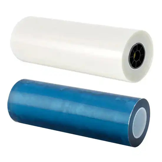 UV DTF Transfer Film AB Roll by Printomize America, featuring two rolls with a clear top layer and a blue bottom layer, suitable for UV transfer printing, dimensions 23.6in x 328ft.