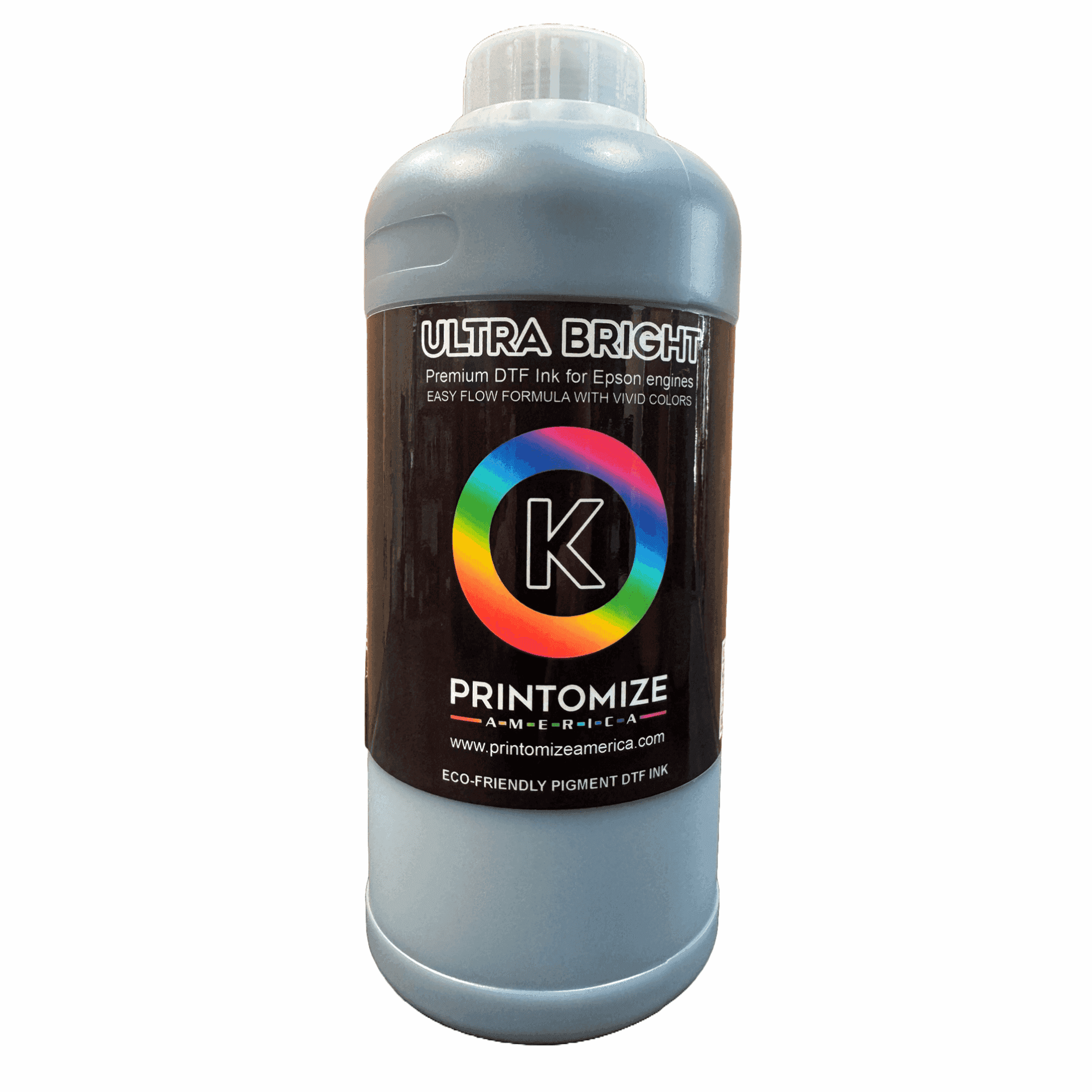 Eco-friendly blue DTF ink bottle from Printomize America, featured in the DTF Ultra Bright Ink collection for vivid color application.
