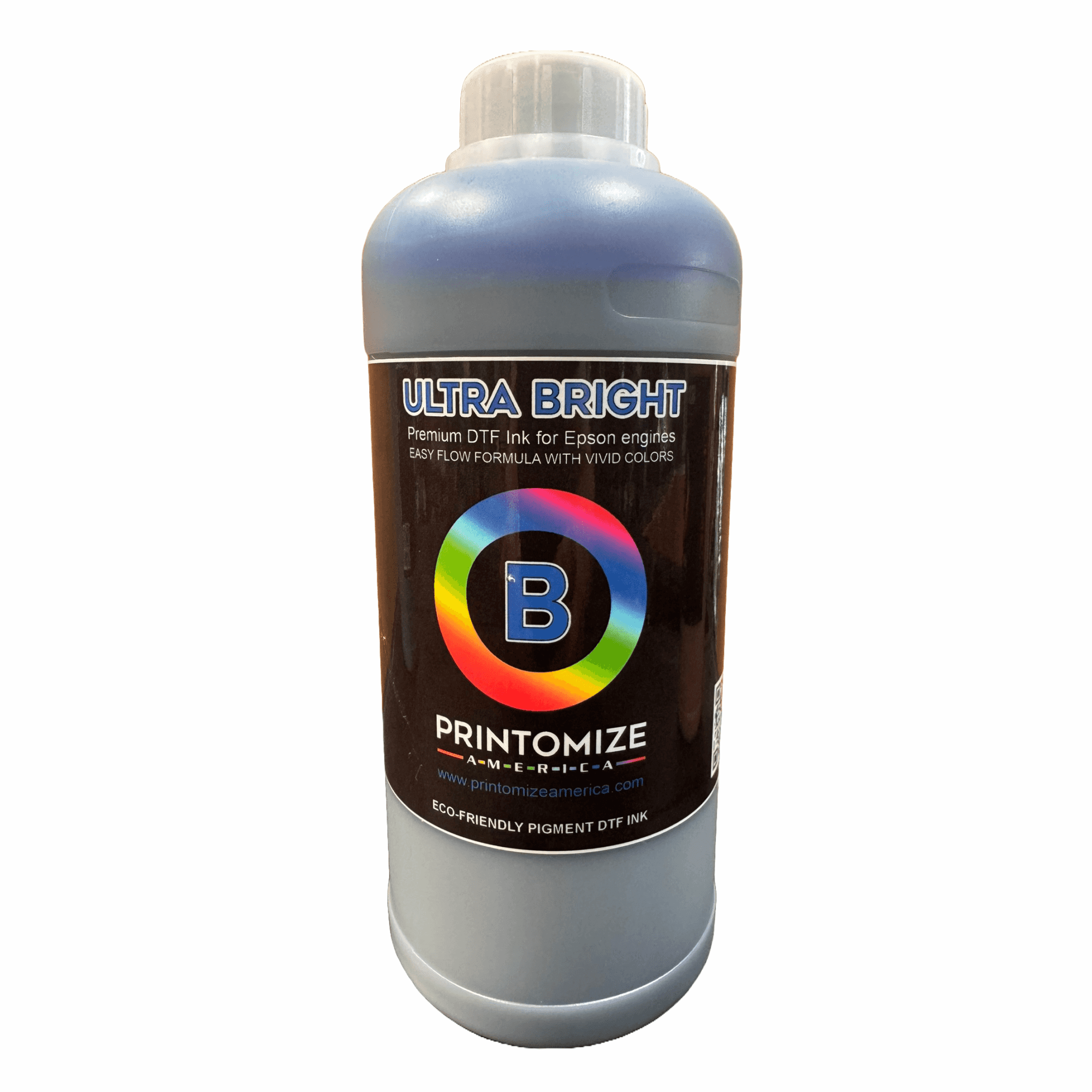 Eco-friendly light blue DTF ink bottle from Printomize America, available in the DTF Ultra Bright Ink range for bright and durable prints.