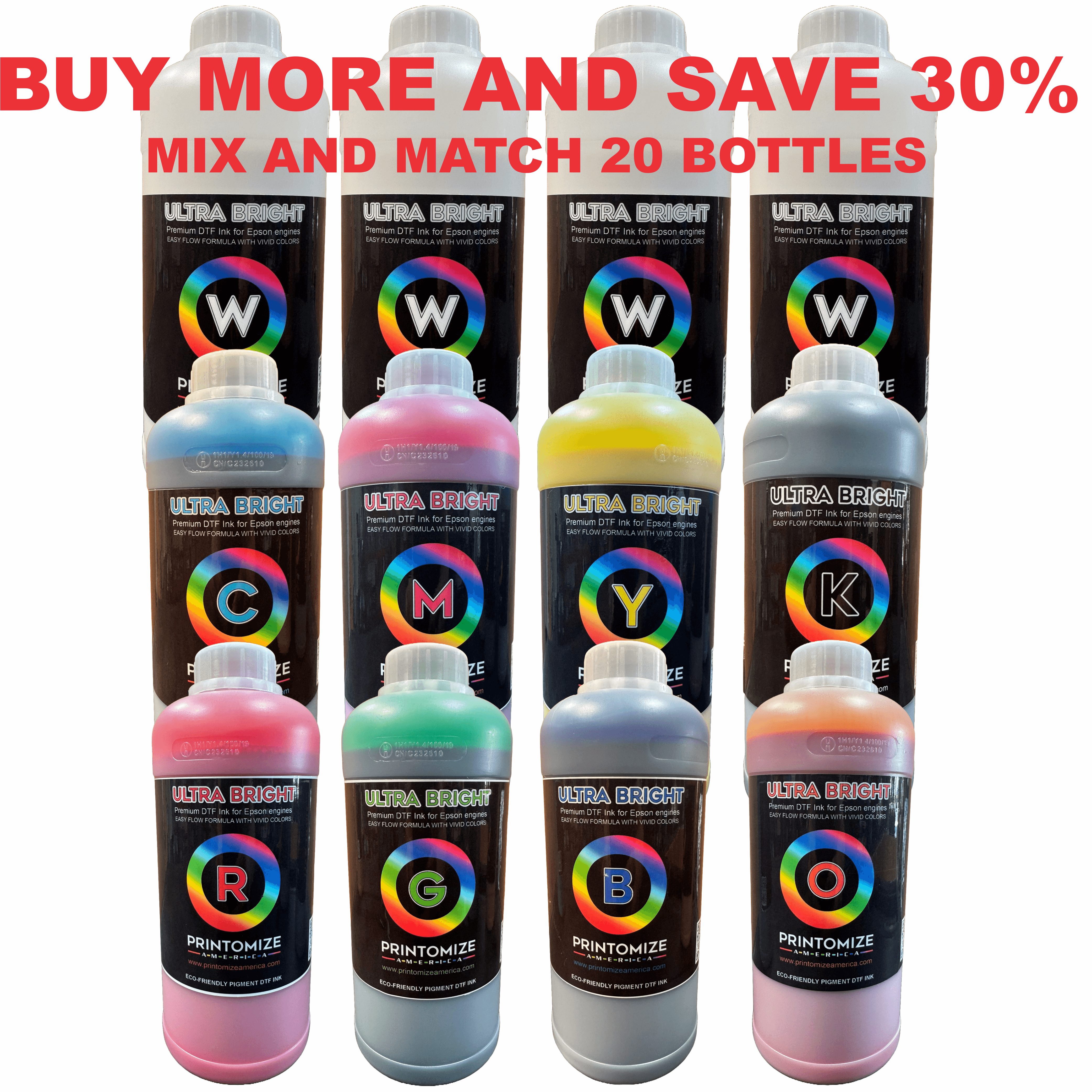 Display of DTF Ultra Bright Ink bottles with a promotional message, featuring colors like red, green, blue, cyan, magenta, and yellow from Printomize America.