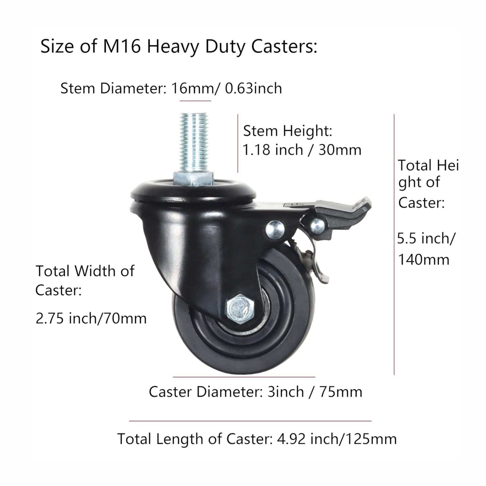 Heavy Duty Casters, M16x30mm from Printomize America showcasing a 3000lbs load capacity, perfect for workbenches and heavy-duty applications.