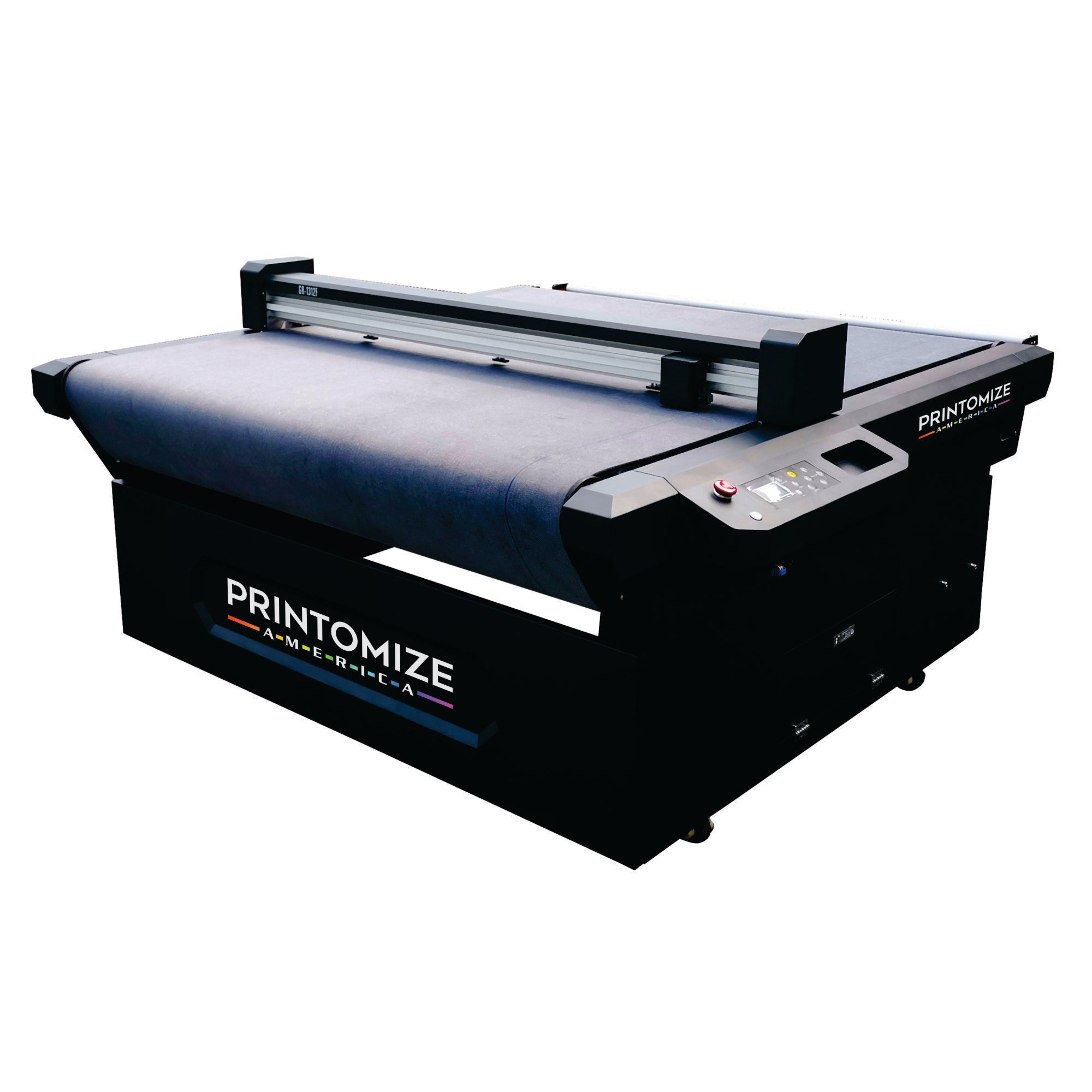 Printomize America's 48.8" x 46.4" Auto Fed Flatbed Digital Cutter Roll Cutter, designed for precision cutting DTF printing film with advanced features like grating ruler technology and a CCD camera.