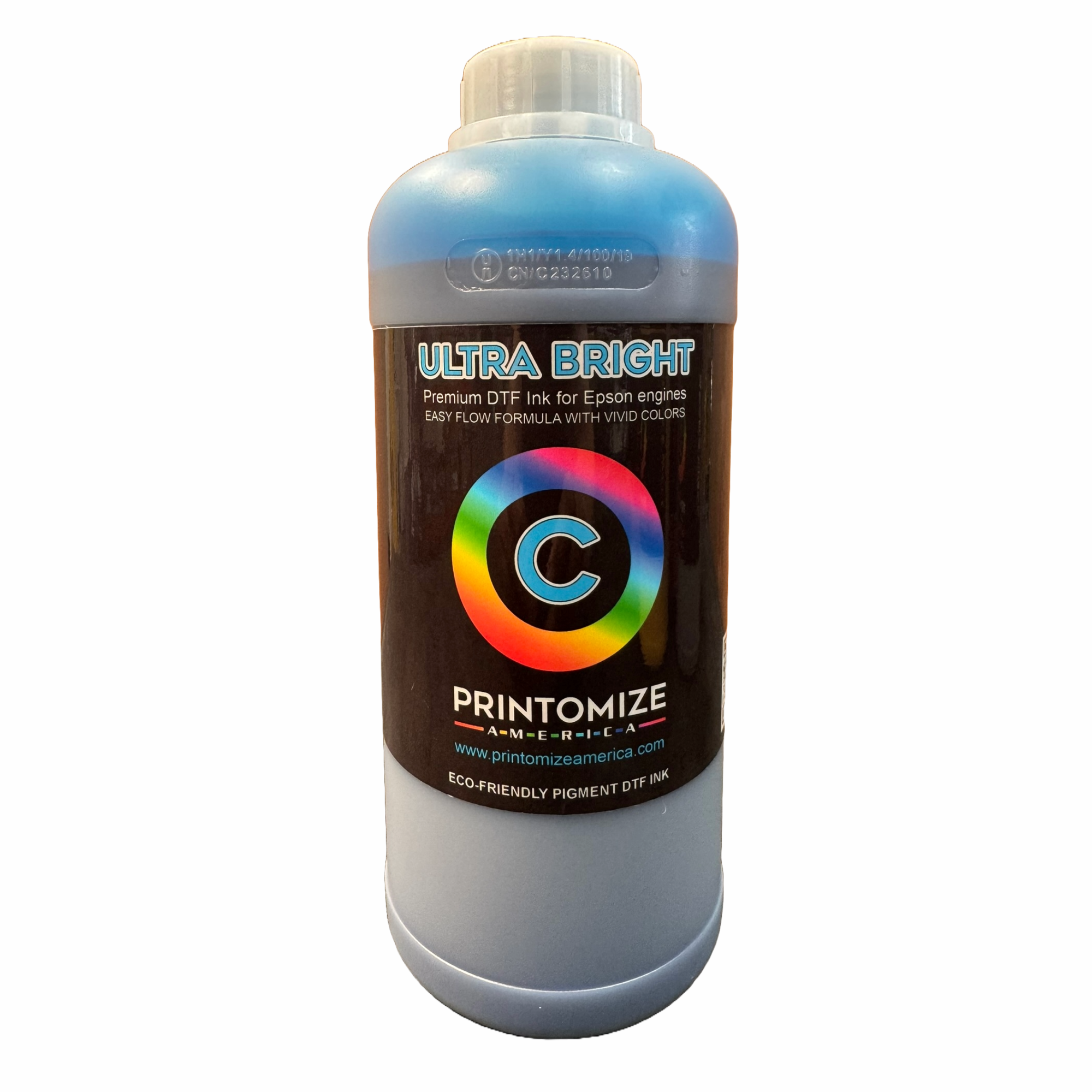 DTF Ultra Bright Ink 1 Ltr. CMYK in Black color by Printomize America, suitable for producing bright and detailed prints.