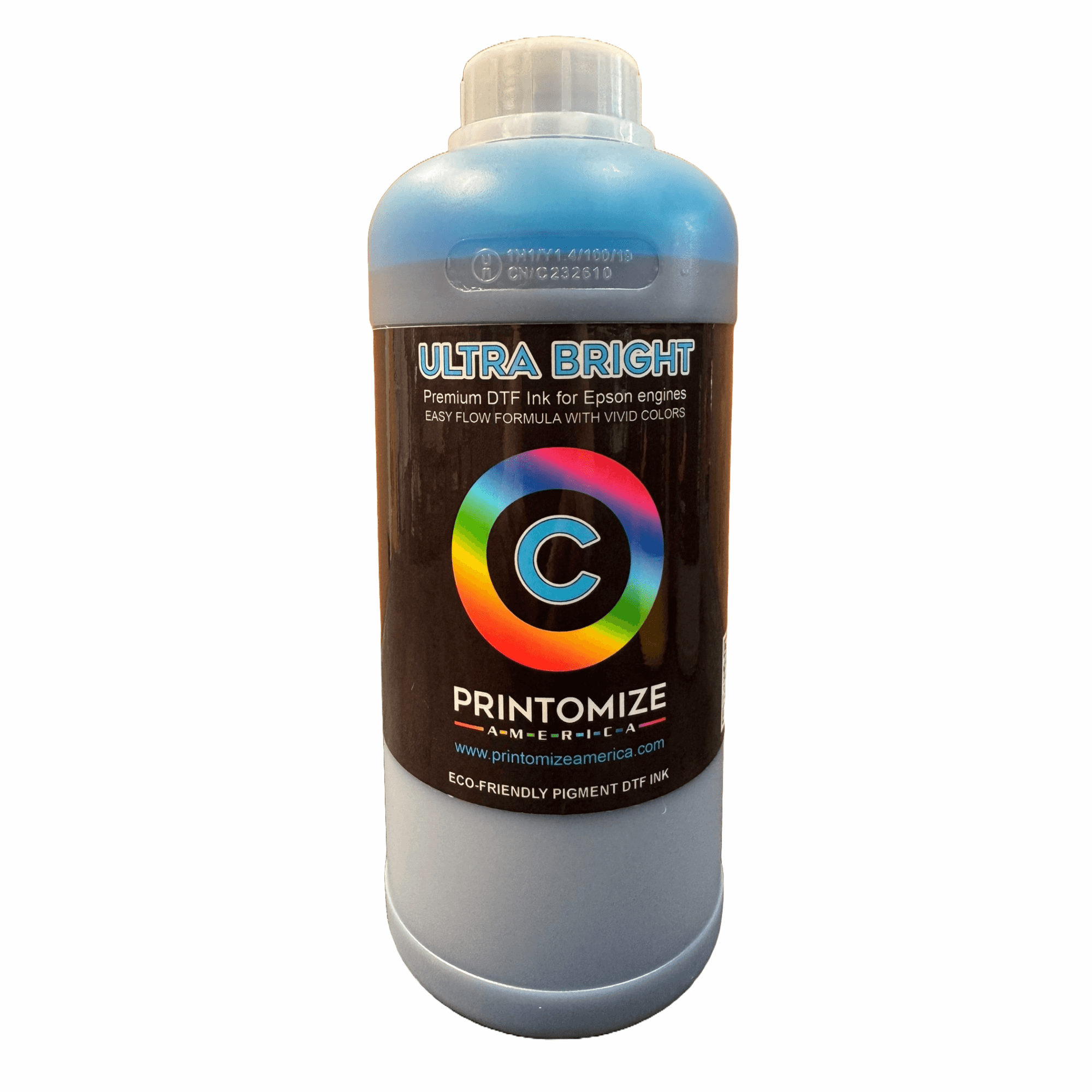 Single DTF Ultra Bright Ink bottle labeled 'C' for Epson engines, showcasing the easy flow formula with vivid colors from Printomize America.