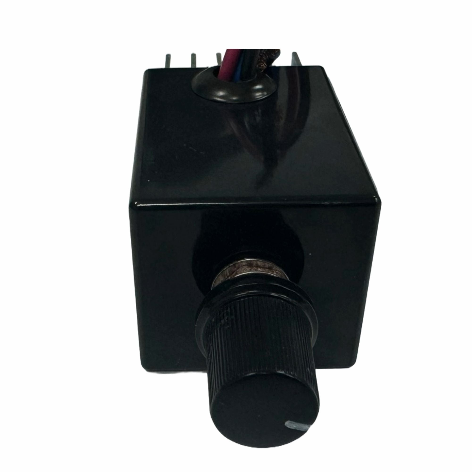 Film Fan Hold Down Switch by Printomize America, showcasing a black rectangular casing with a knob on the front and wires attached.