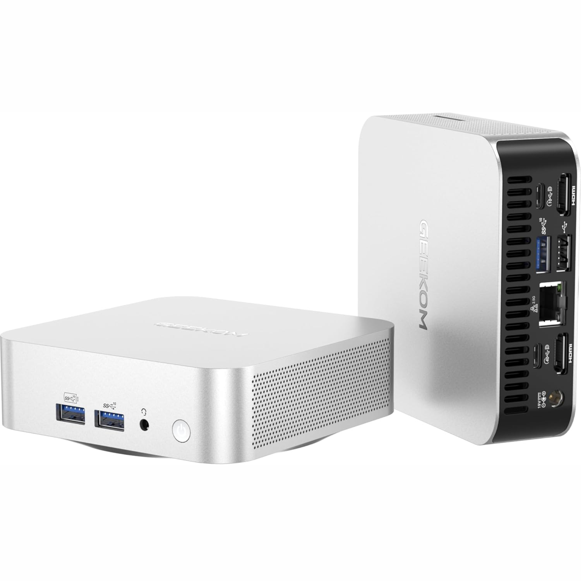 GEEKOM A8 AI Mini PC showcasing sleek design and multiple ports, highlighting its capabilities with AMD Ryzen 9 8945HS processor.