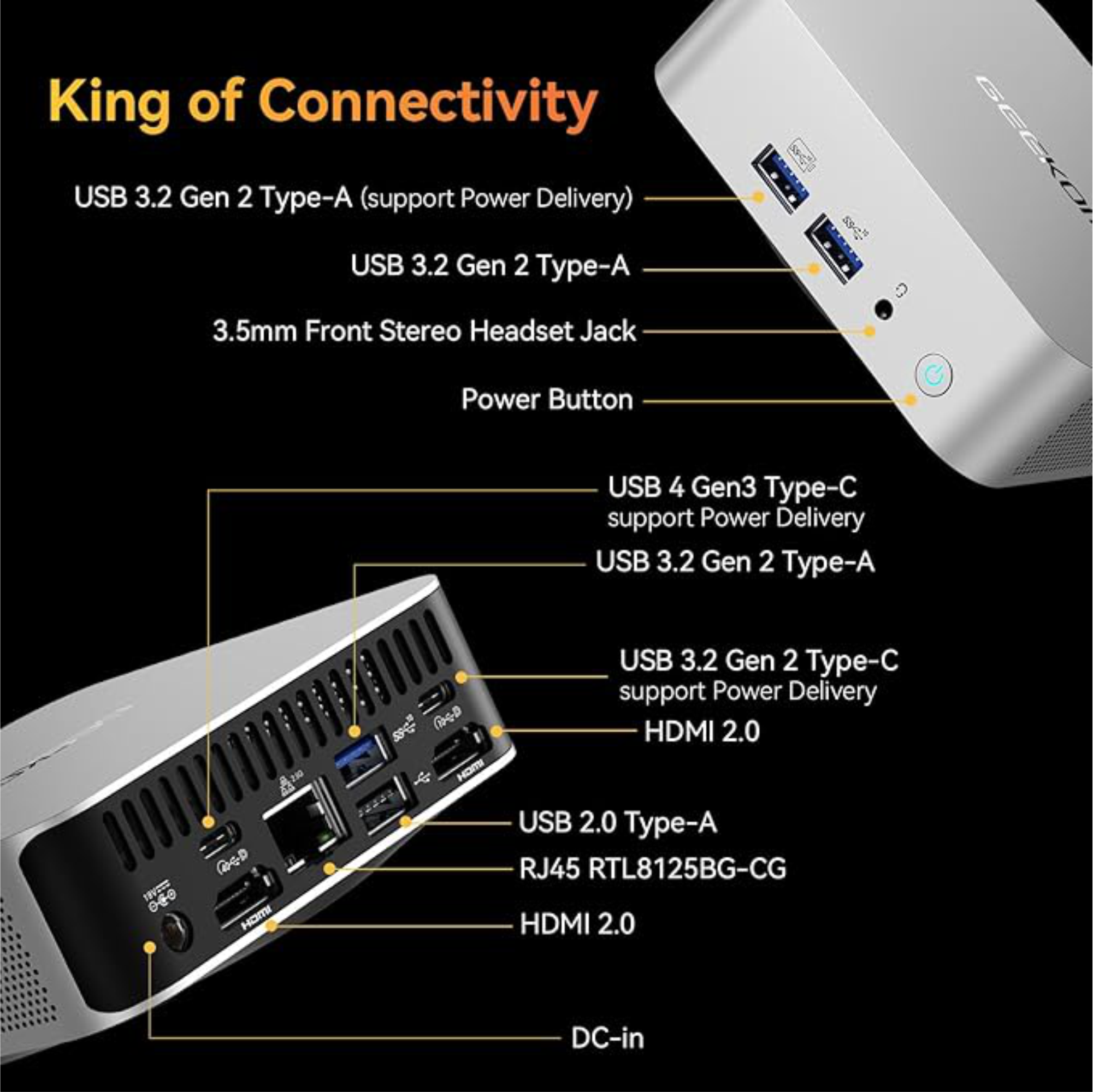 Close-up of GEEKOM A8 AI Mini PC connectivity options, featuring USB ports and HDMI for enhanced peripheral support.