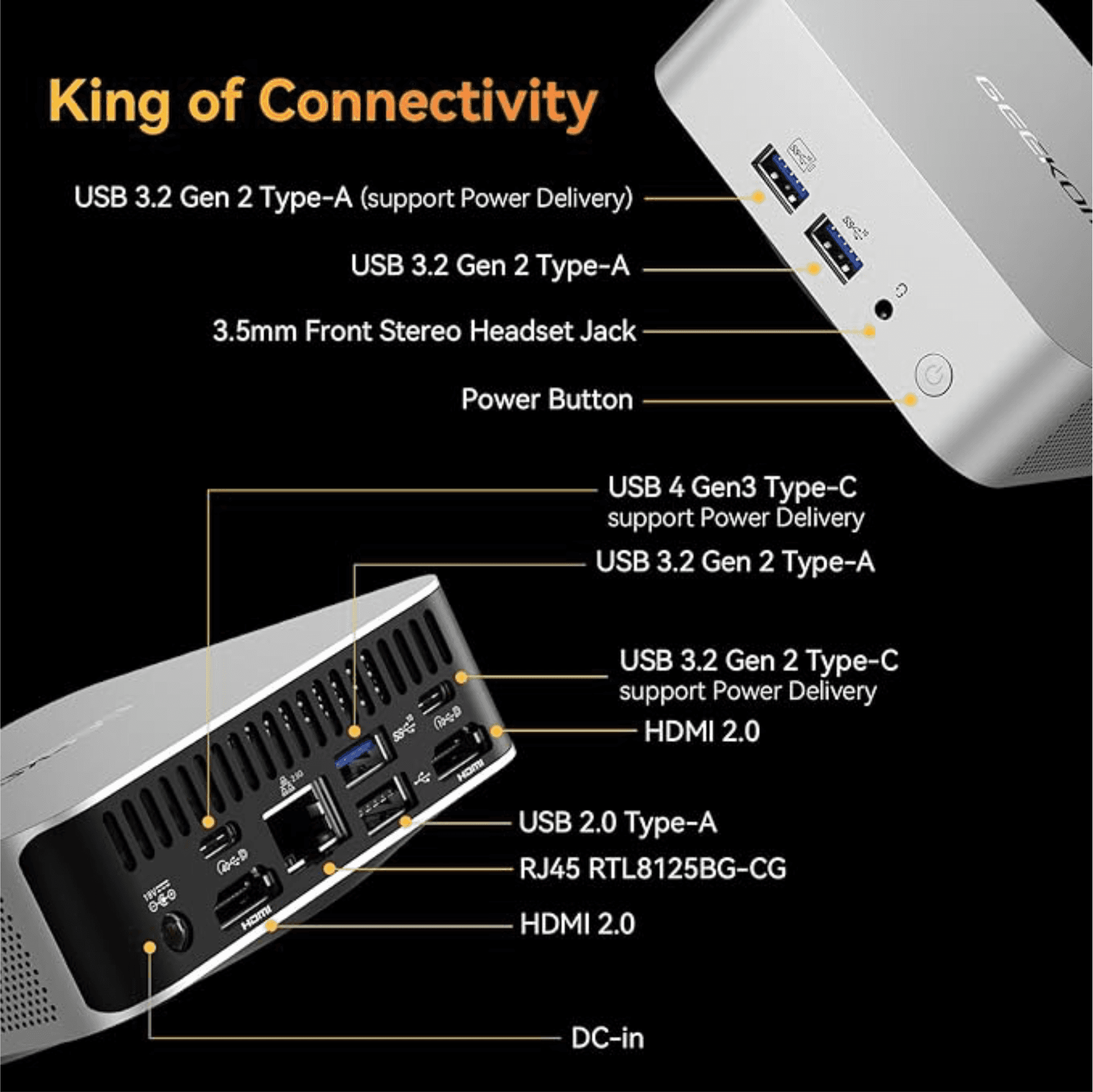 Close-up of GEEKOM A8 AI Mini PC connectivity options, featuring USB ports and HDMI for enhanced peripheral support.