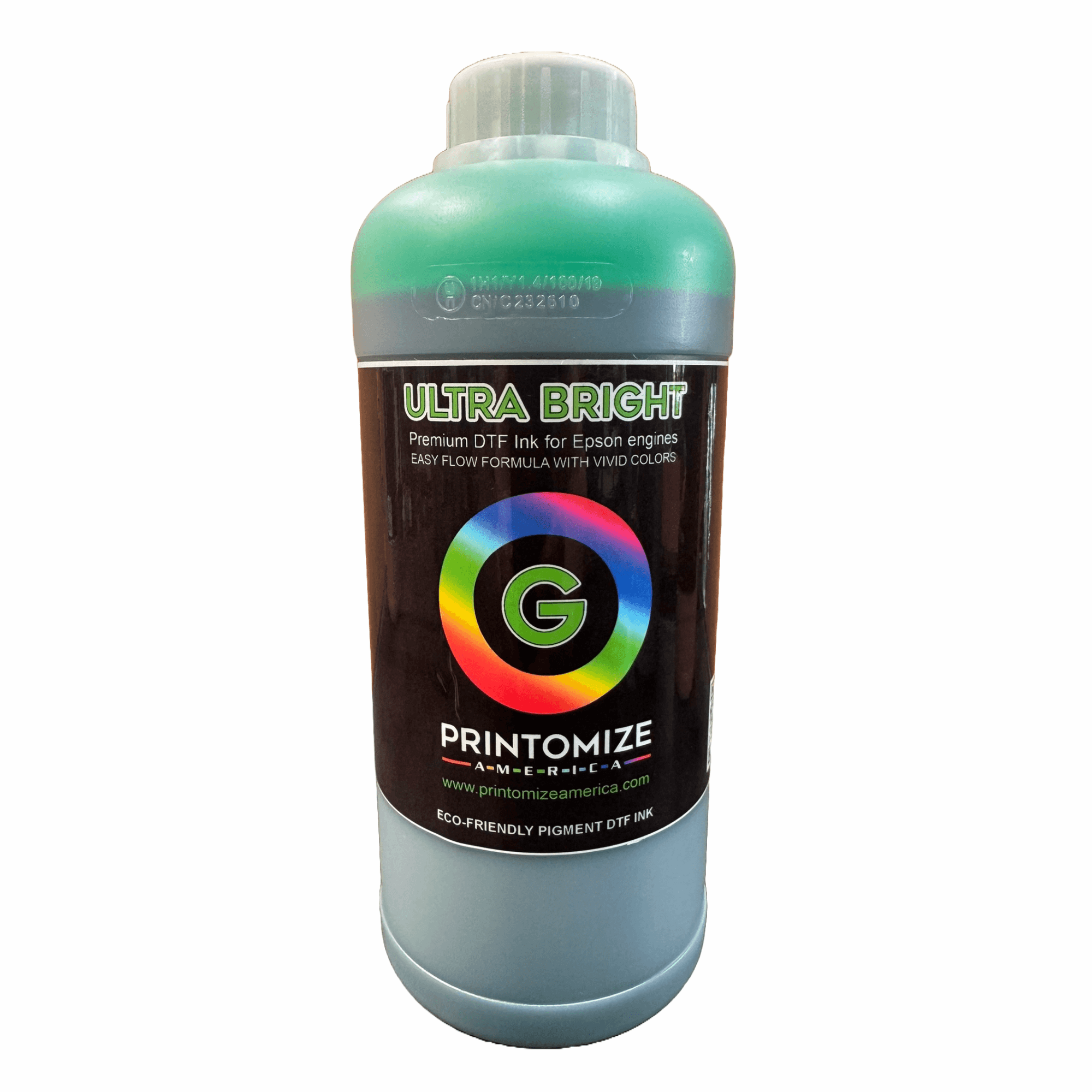 Eco-friendly green DTF ink bottle from Printomize America, part of the DTF Ultra Bright Ink line designed for high-quality color output.