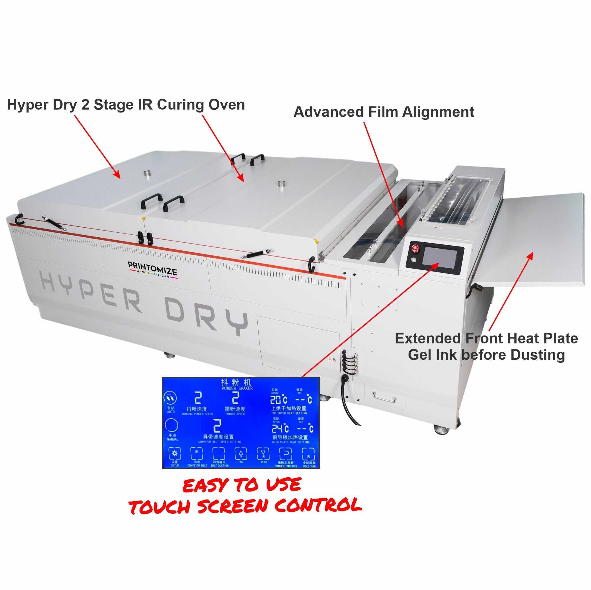 Hyper Dry 2-Stage IR Curing Oven with touchscreen control and extended front heat plate for optimal ink gelling by Printomize America.