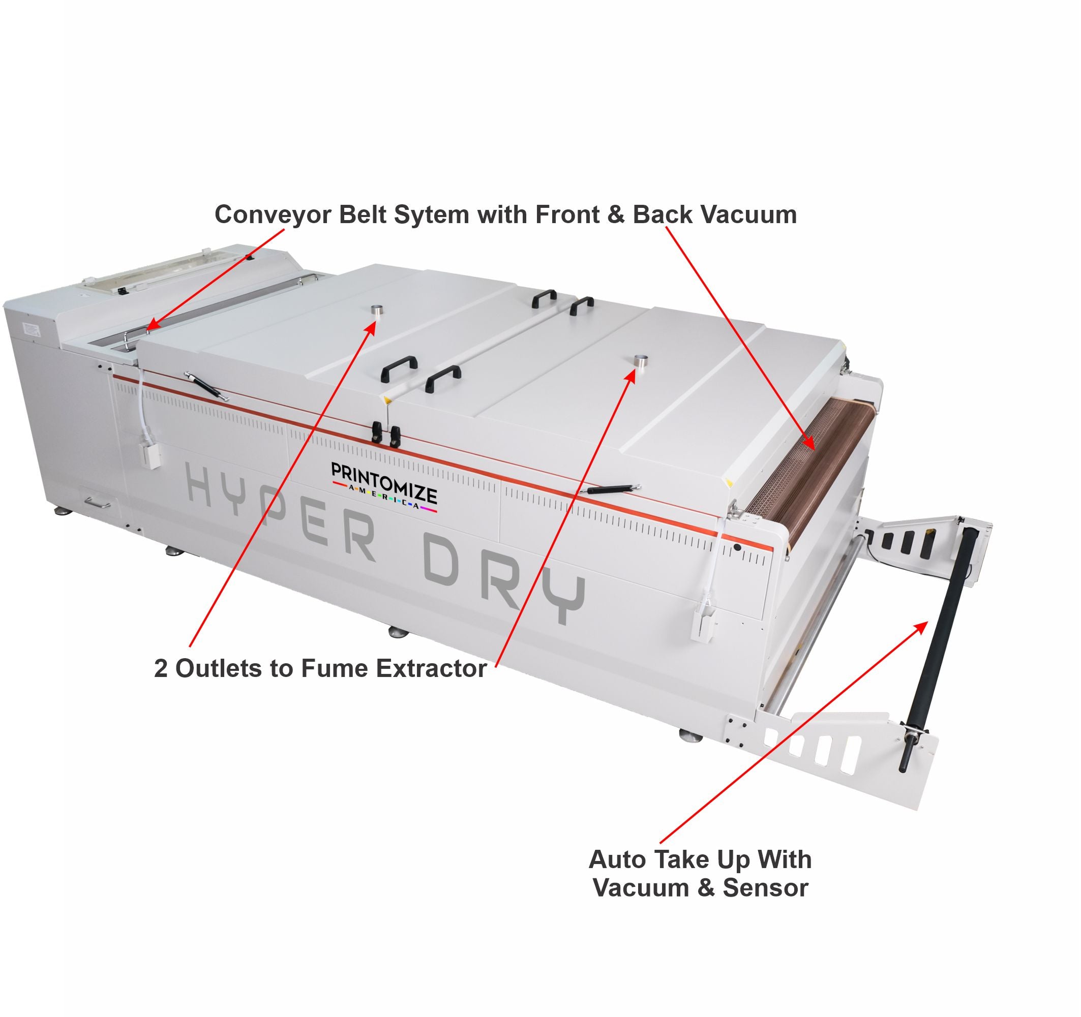 Hyper Dry Curing Oven with conveyor belt system, vacuum features, and fume extractor outlets by Printomize America.