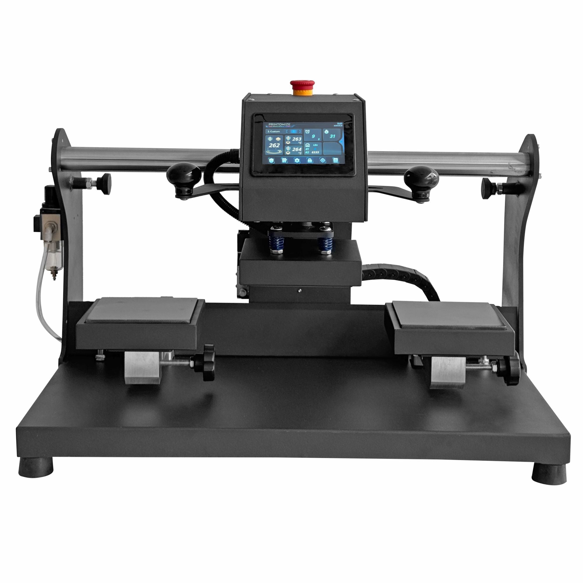 Front view of the Hyper Stamp Label 6" x 6" Press by Printomize America featuring dual pressing platforms and a digital control panel.