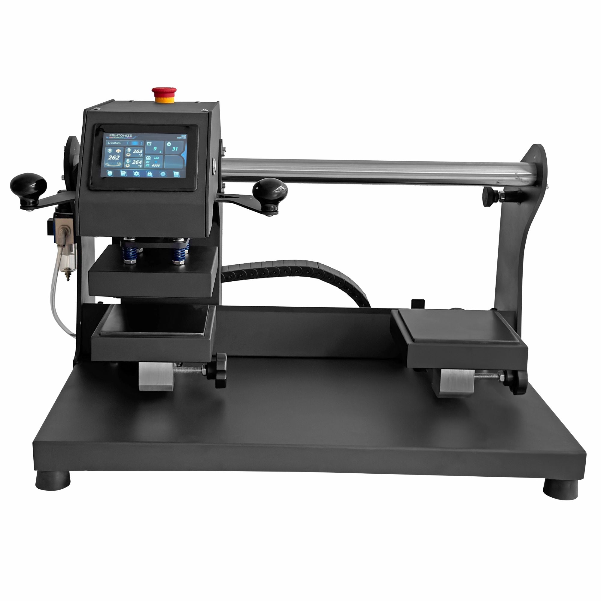 Side view of the Hyper Stamp Label 6" x 6" Press by Printomize America displaying its sleek design and operational controls.