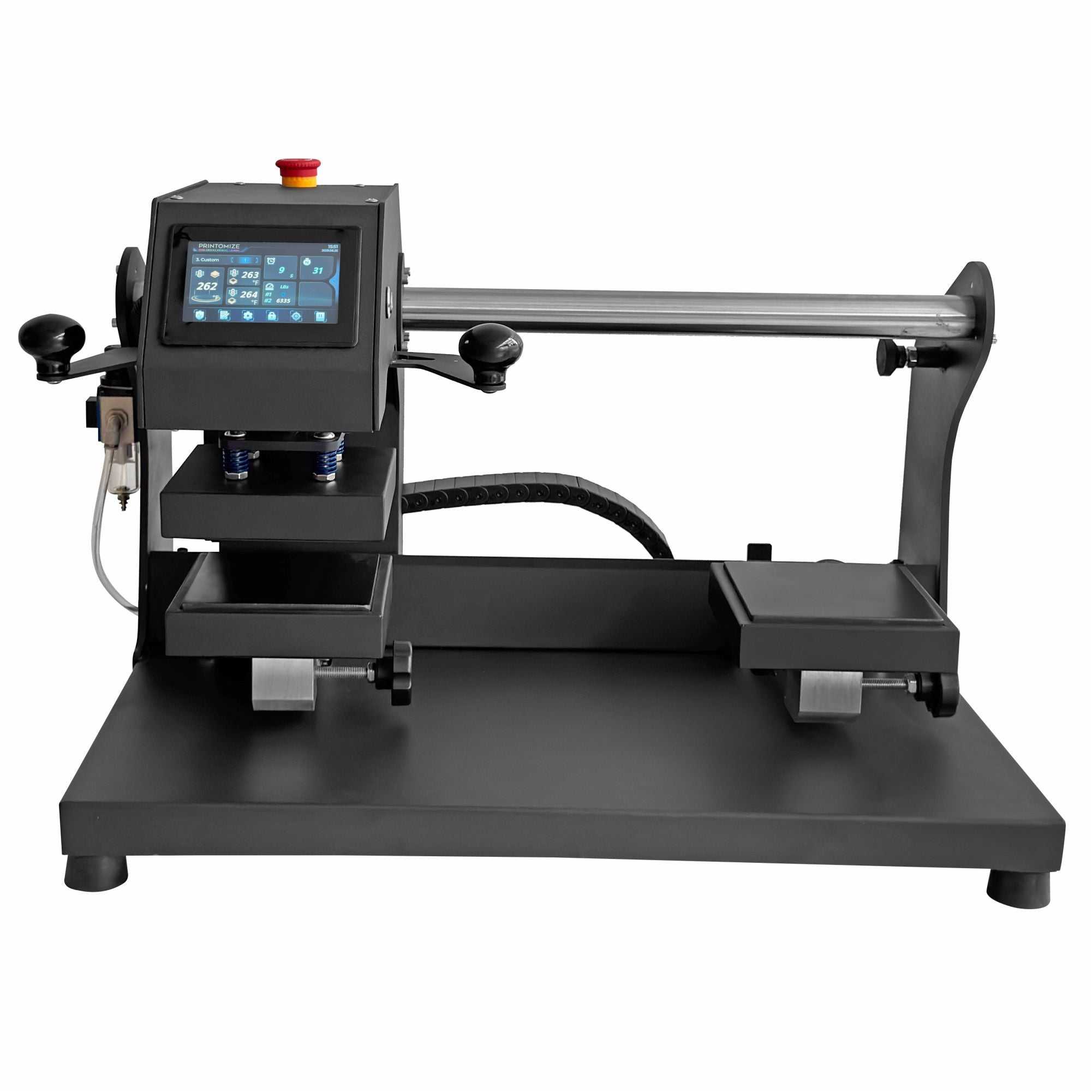 Side view of the Hyper Stamp Label 6" x 6" Press by Printomize America displaying its sleek design and operational controls.