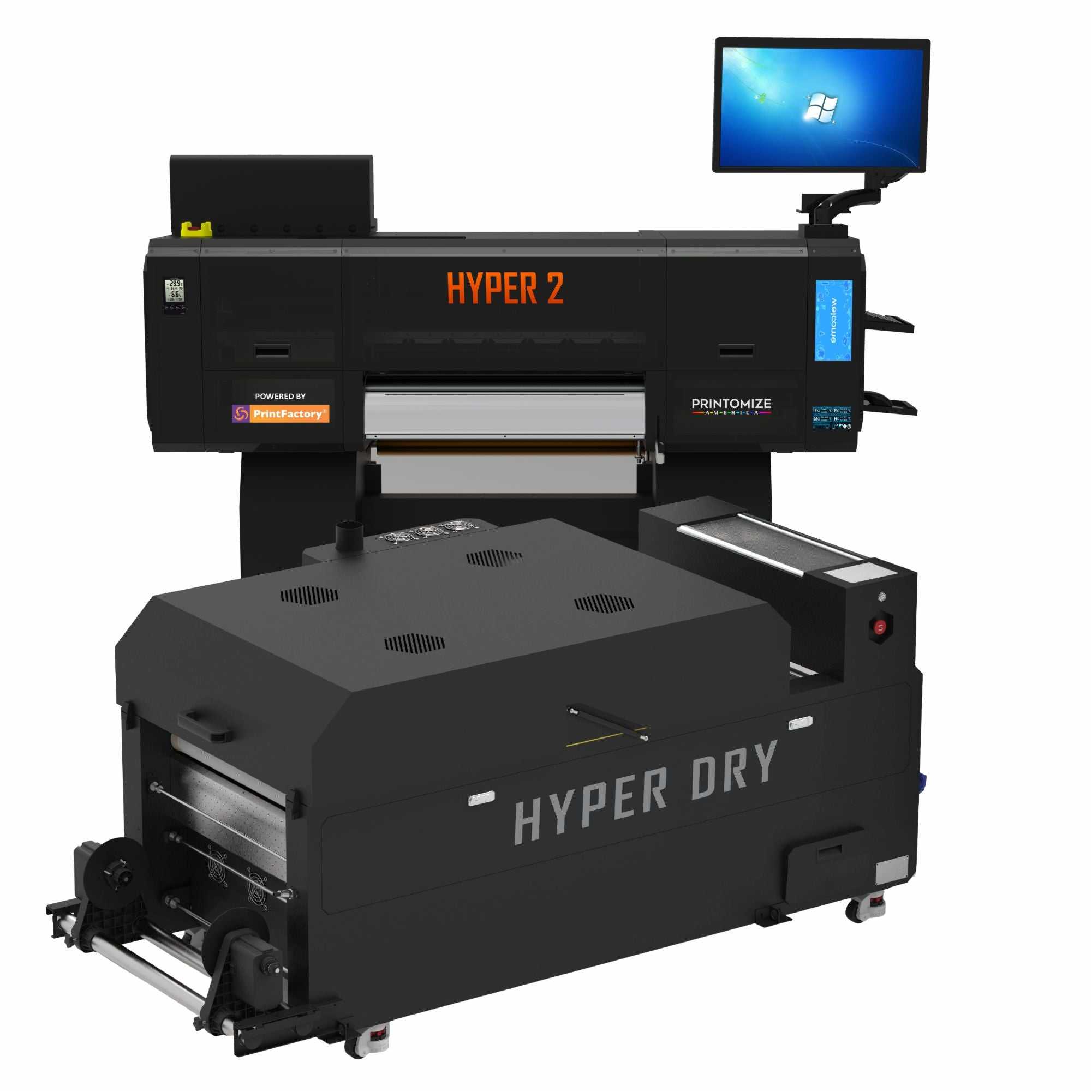 Hyper 2 DTF Printer & Oven by Printomize America with integrated curing system and touchscreen, ideal for high-efficiency textile printing workflows.