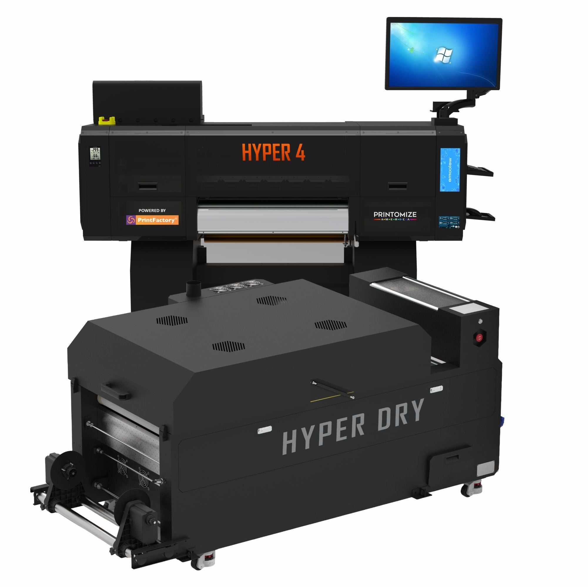 Hyper 4 DTF Printer & Oven combo with 4 Epson i3200 printheads, dual touchscreens, and built-in Ryzen PC for high-speed direct-to-film printing.