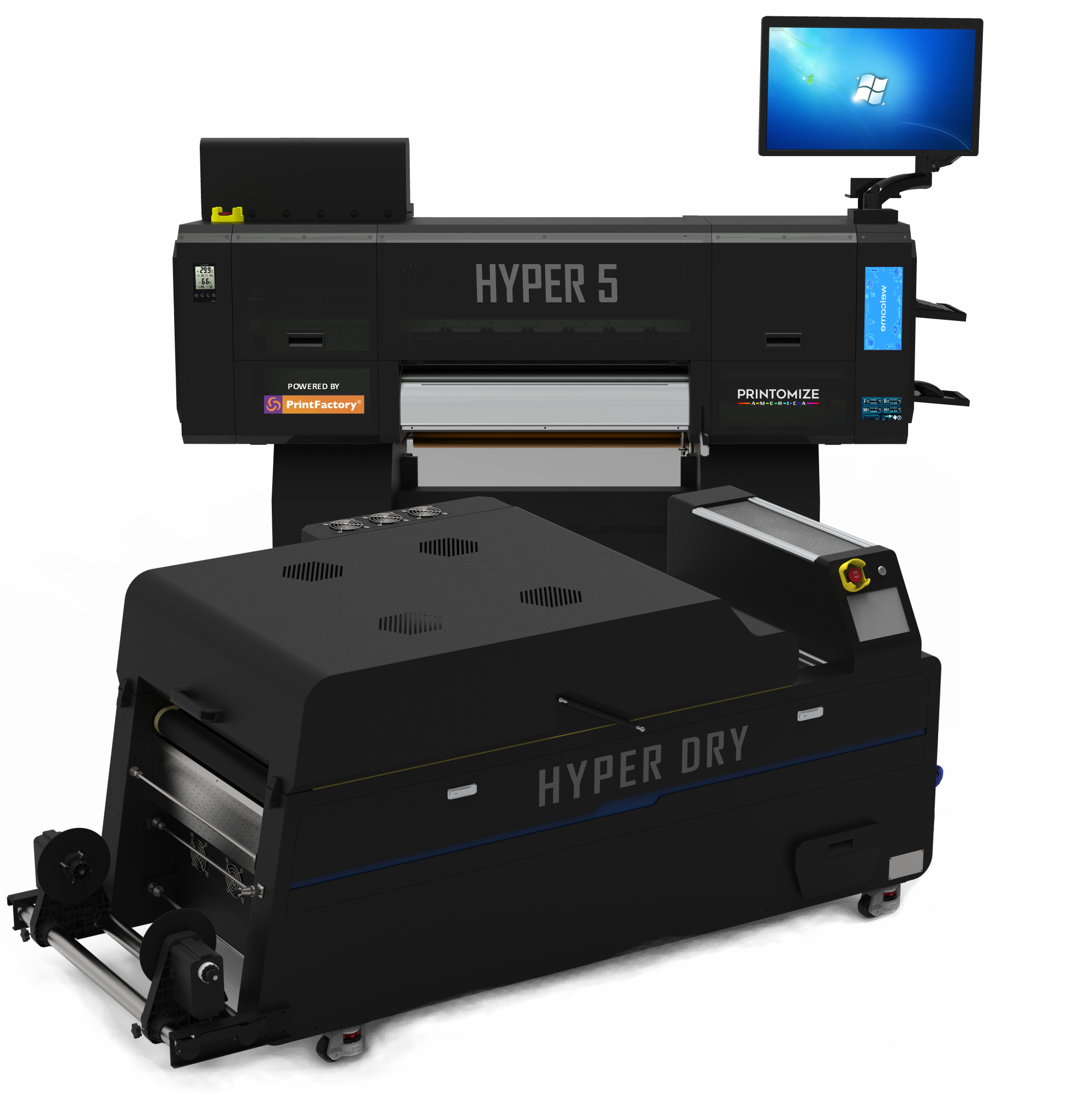 Hyper 5 DTF Printer/Oven by Printomize America, showcasing black design, integrated touchscreen, and advanced printing technology.