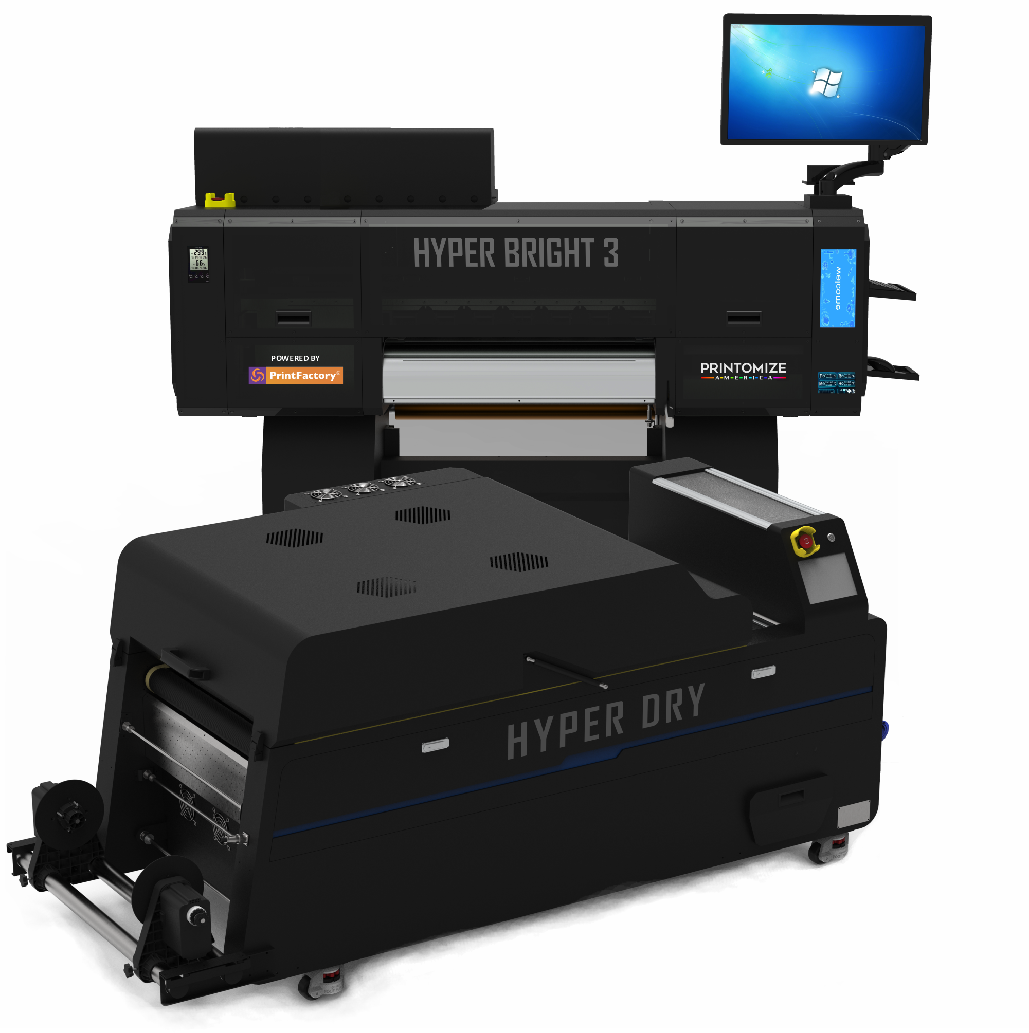 Hyper Bright 3 (9 Color) DTF Printer/Oven by Printomize America, showcasing advanced printing technology with a sleek design and integrated touchscreen.