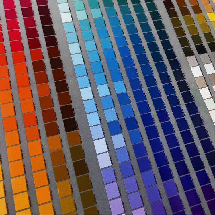 A vibrant display of color swatches showcasing a range of hues perfect for Hyper Bright DTF Transfers by Printomize America, enhancing color accuracy in printing.