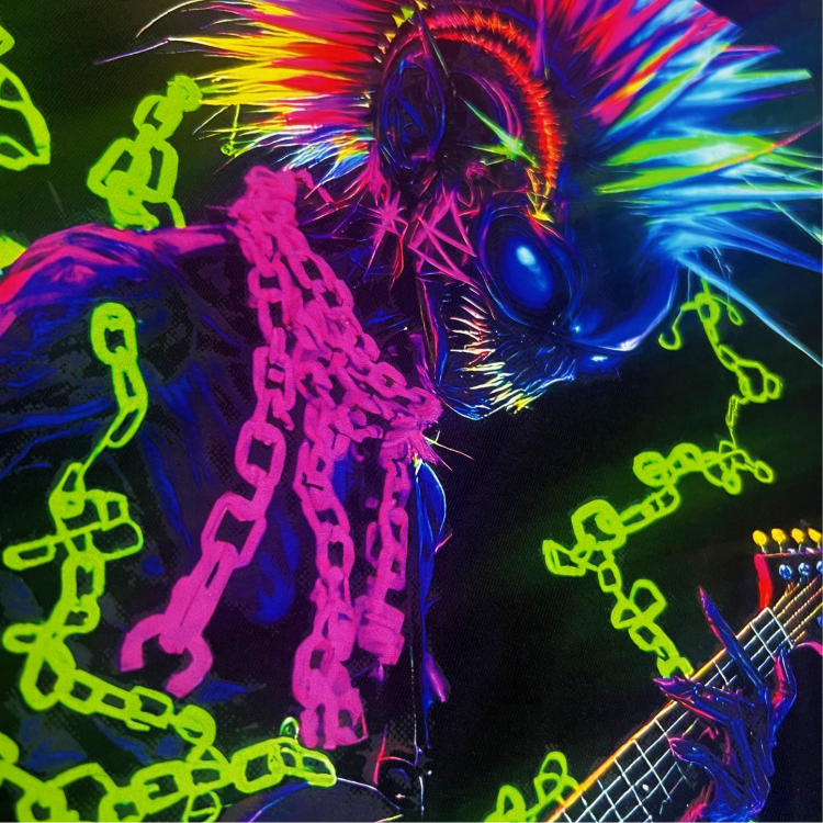 A striking graphic of a stylized character with neon accents and bold colors, ideal for Hyper Bright DTF Transfers by Printomize America, demonstrating enhanced color vibrancy.