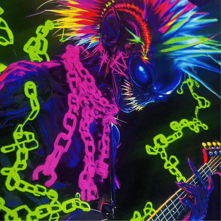 A striking graphic of a stylized character with neon accents and bold colors, ideal for Hyper Bright DTF Transfers by Printomize America, demonstrating enhanced color vibrancy.