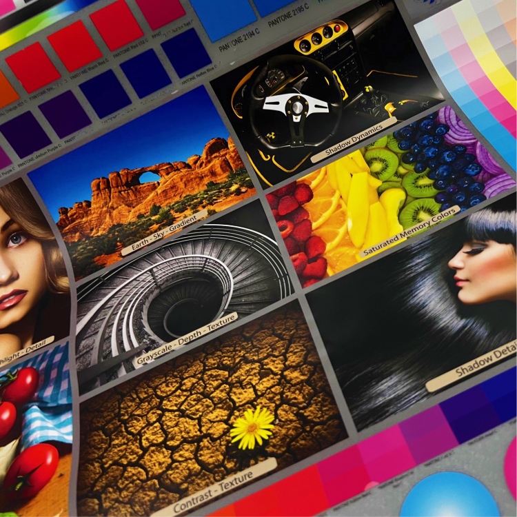 Close-up of a color palette displaying vibrant colors and textures, emphasizing the accuracy of Hyper Bright (9 Color) DTF Transfers by Printomize America.