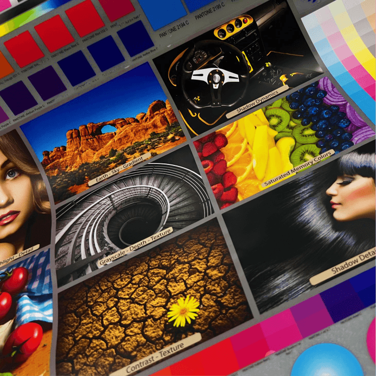 Close-up of a color palette displaying vibrant colors and textures, emphasizing the accuracy of Hyper Bright (9 Color) DTF Transfers by Printomize America.