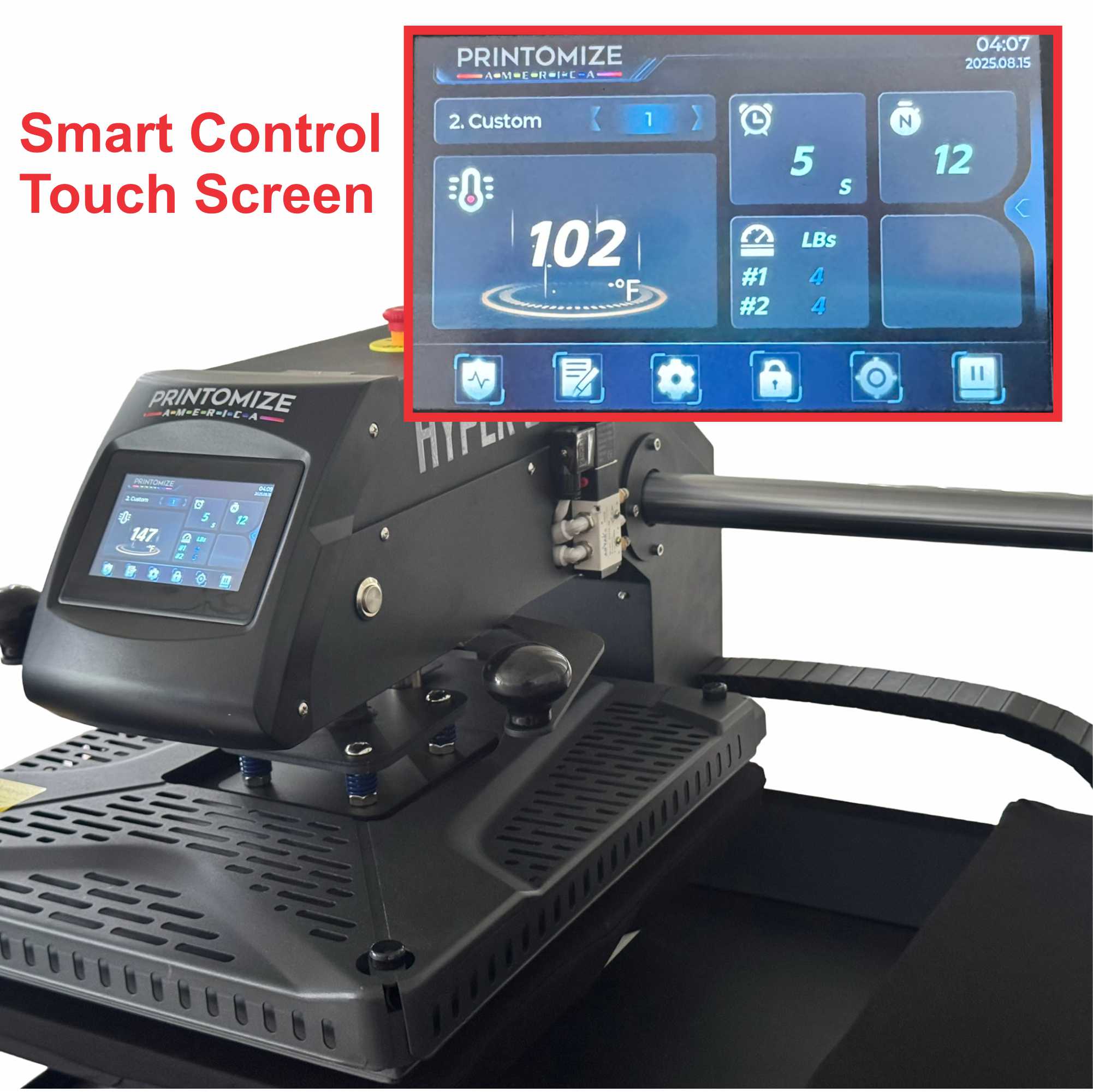 Close-up view of the Smart Control Touch Screen on the Hyper Stamp 16" x 20" Double Station Heat Press by Printomize America, designed for precise temperature settings.