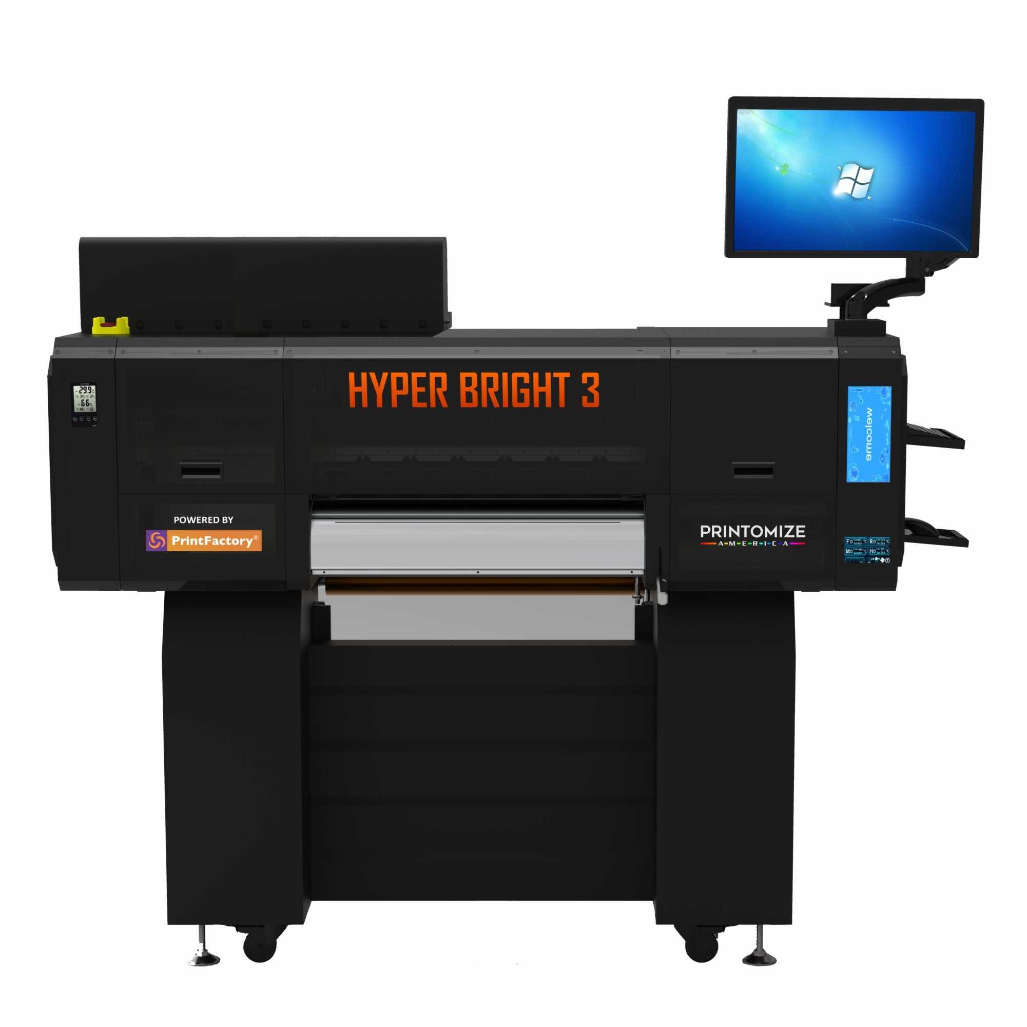 Front view of Hyper Bright 3 DTF Printer/Oven featuring 9-color ink system, large touchscreen, and compact design for professional printing setups.