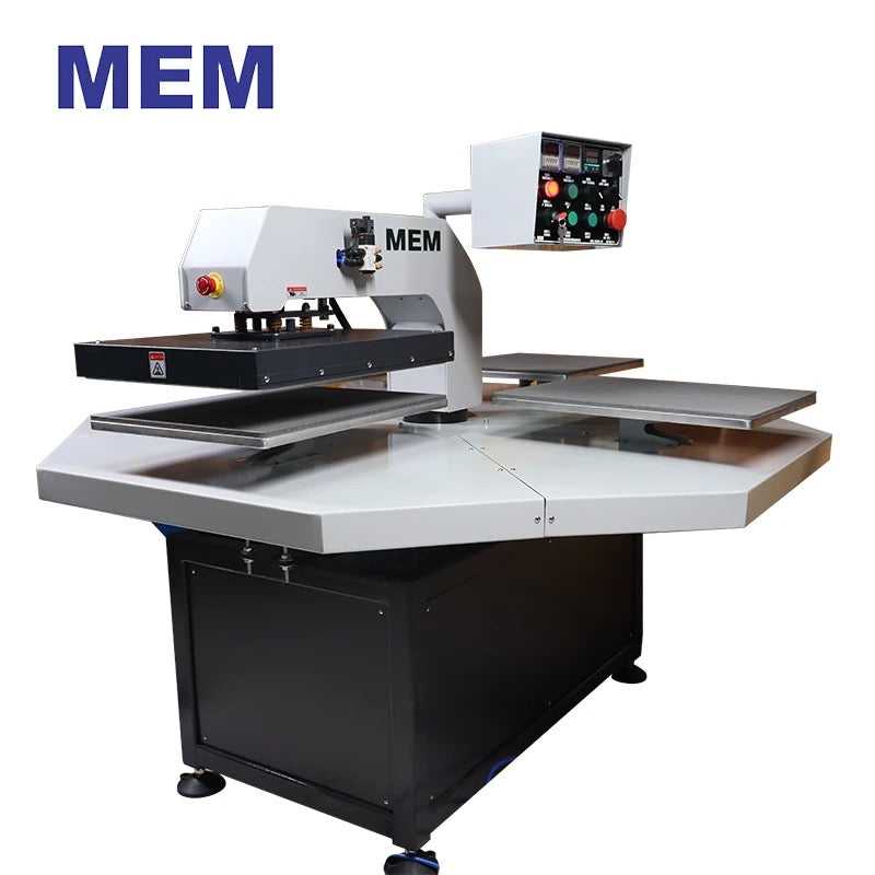MEM TZ-4050 4 Station High Speed Carousel Heat Press showcasing a heavy-duty design with multiple pressing stations, perfect for various heat transfer applications, featuring electric controls and adjustable settings.