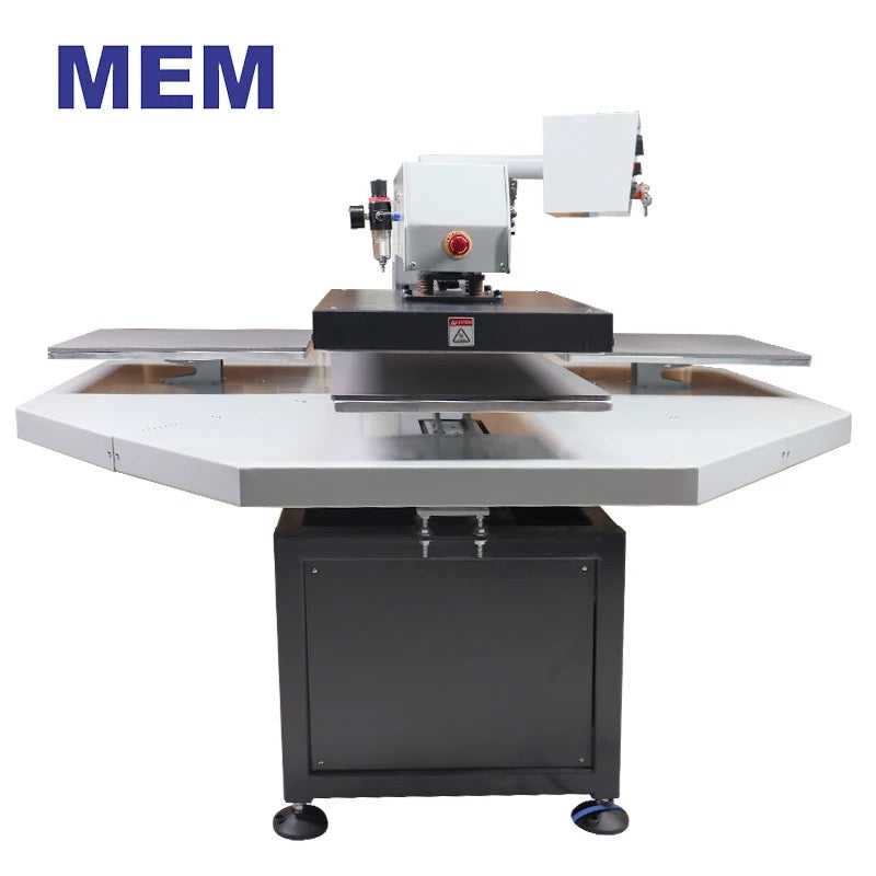 Side view of the MEM TZ-4050 4 Station High Speed Carousel Heat Press highlighting its industrial design and operational features.