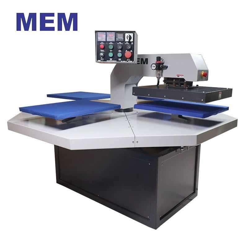 MEM TZ-4050 4 Station High Speed Carousel Heat Press showcasing four blue platens and control panel for versatile heat transfer applications.