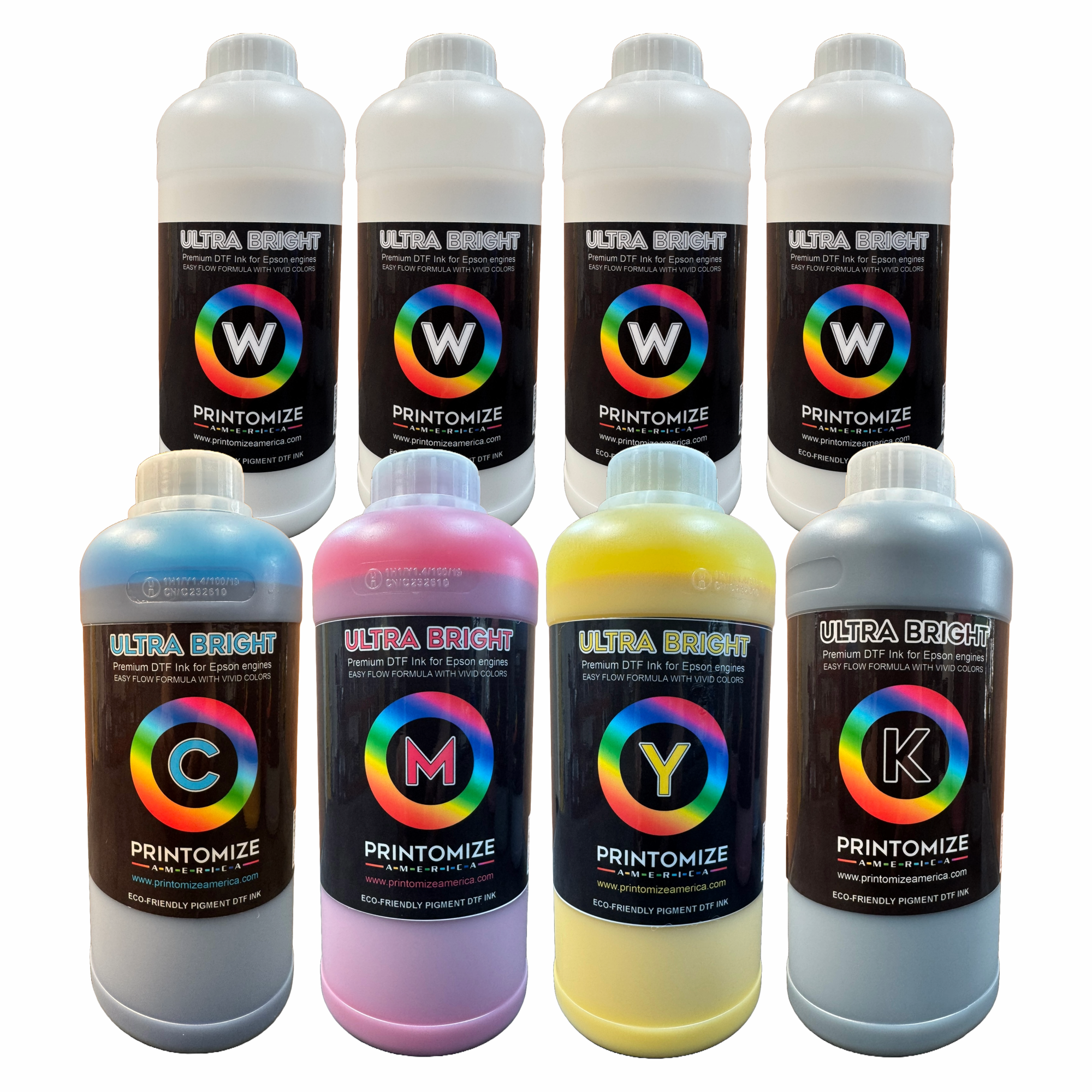 DTF Ultra Bright Ink Bundle by Printomize America, showcasing vibrant ink bottles in a range of colors including Cyan, Magenta, Yellow, Black, and White, designed for high-volume digital printing.