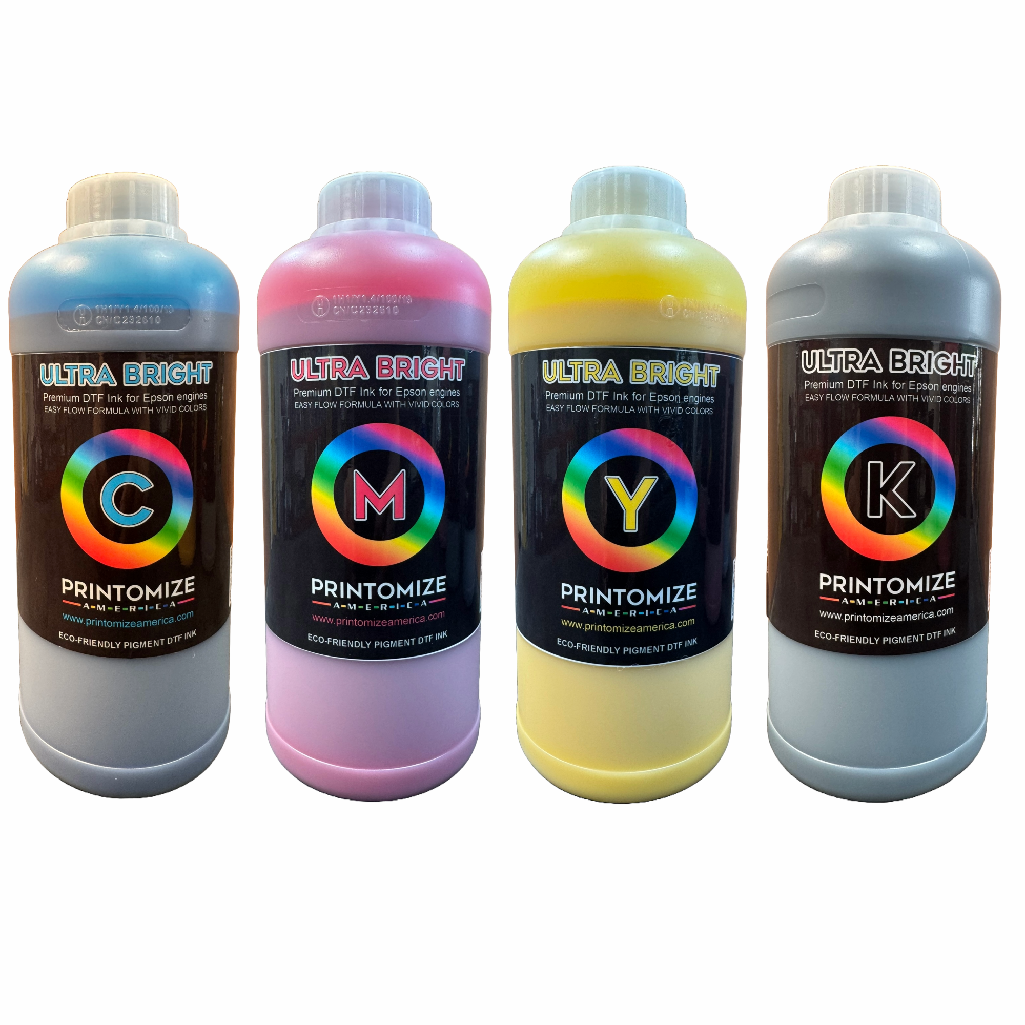 DTF Ultra Bright Ink 1 Ltr. CMYK set by Printomize America featuring vibrant colors including Cyan, Magenta, Yellow, and Black.
