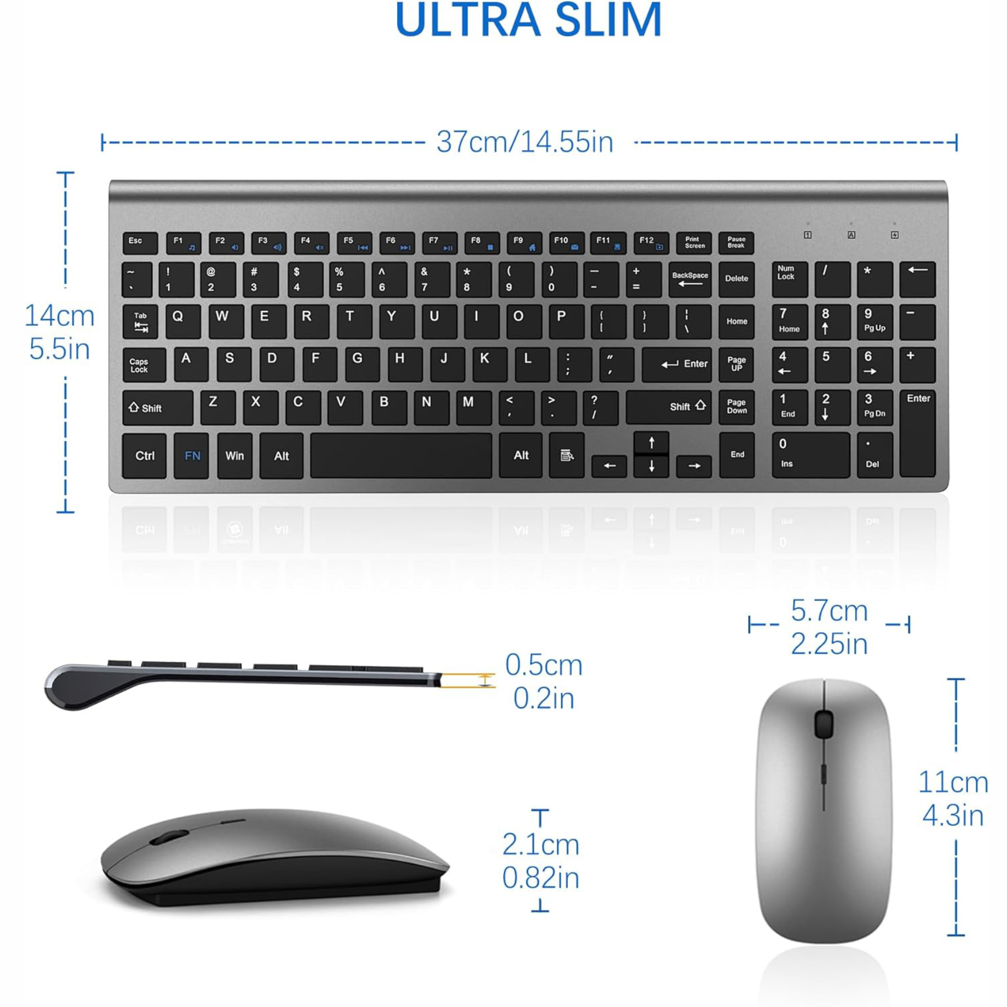 TopMate Wireless Keyboard and Mouse Ultra Slim Combo featuring a sleek design with dimensions 37cm x 14.55in, demonstrating an ultra-slim profile for efficient workspace use.