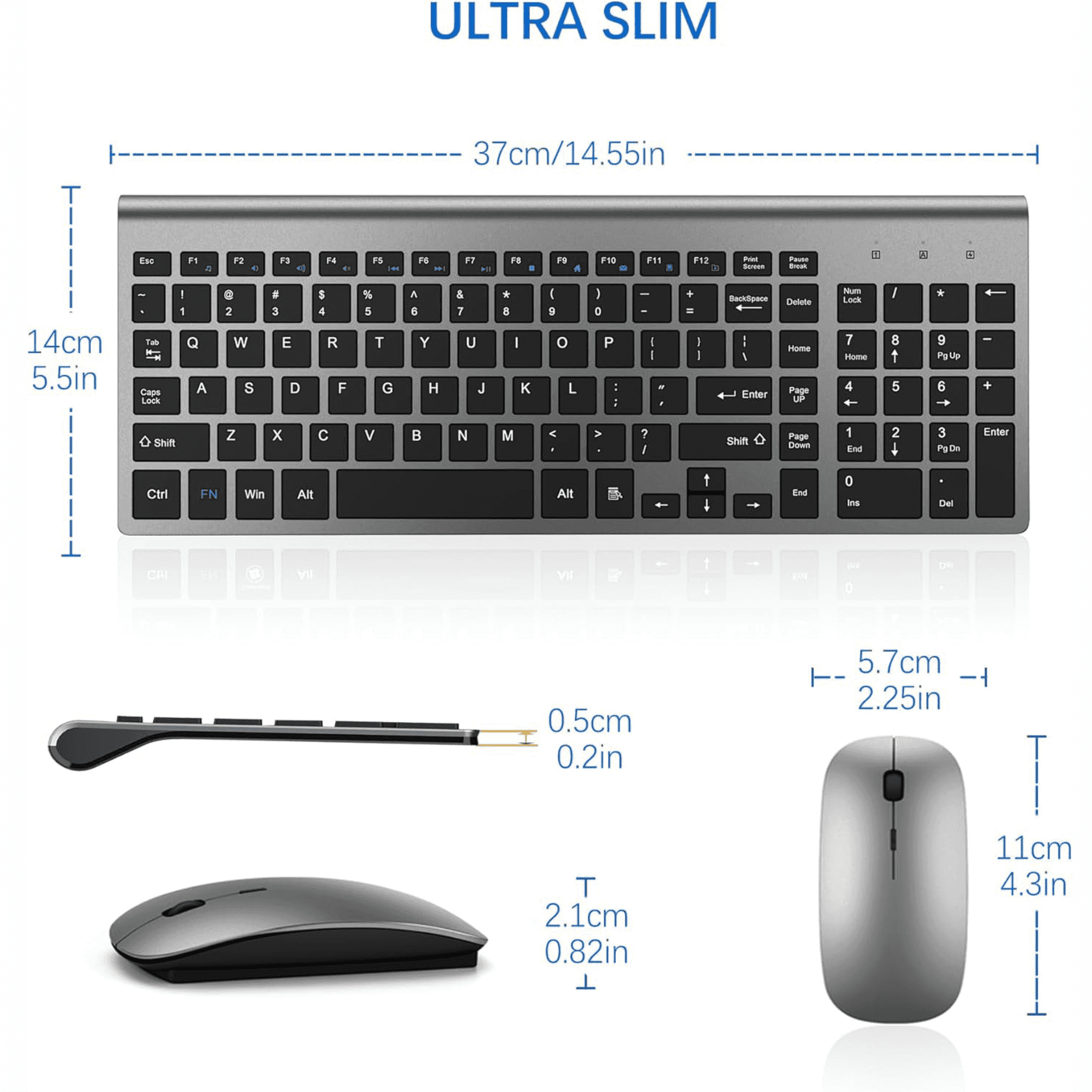 TopMate Wireless Keyboard and Mouse Ultra Slim Combo featuring a sleek design with dimensions 37cm x 14.55in, demonstrating an ultra-slim profile for efficient workspace use.