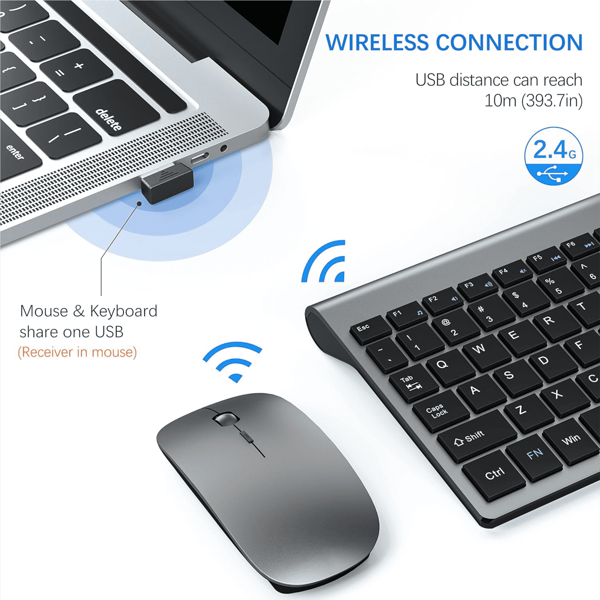 TopMate Wireless Keyboard and Mouse Ultra Slim Combo showcasing the 2.4G wireless connection feature with a USB nano receiver that allows a wireless range of up to 10 meters.