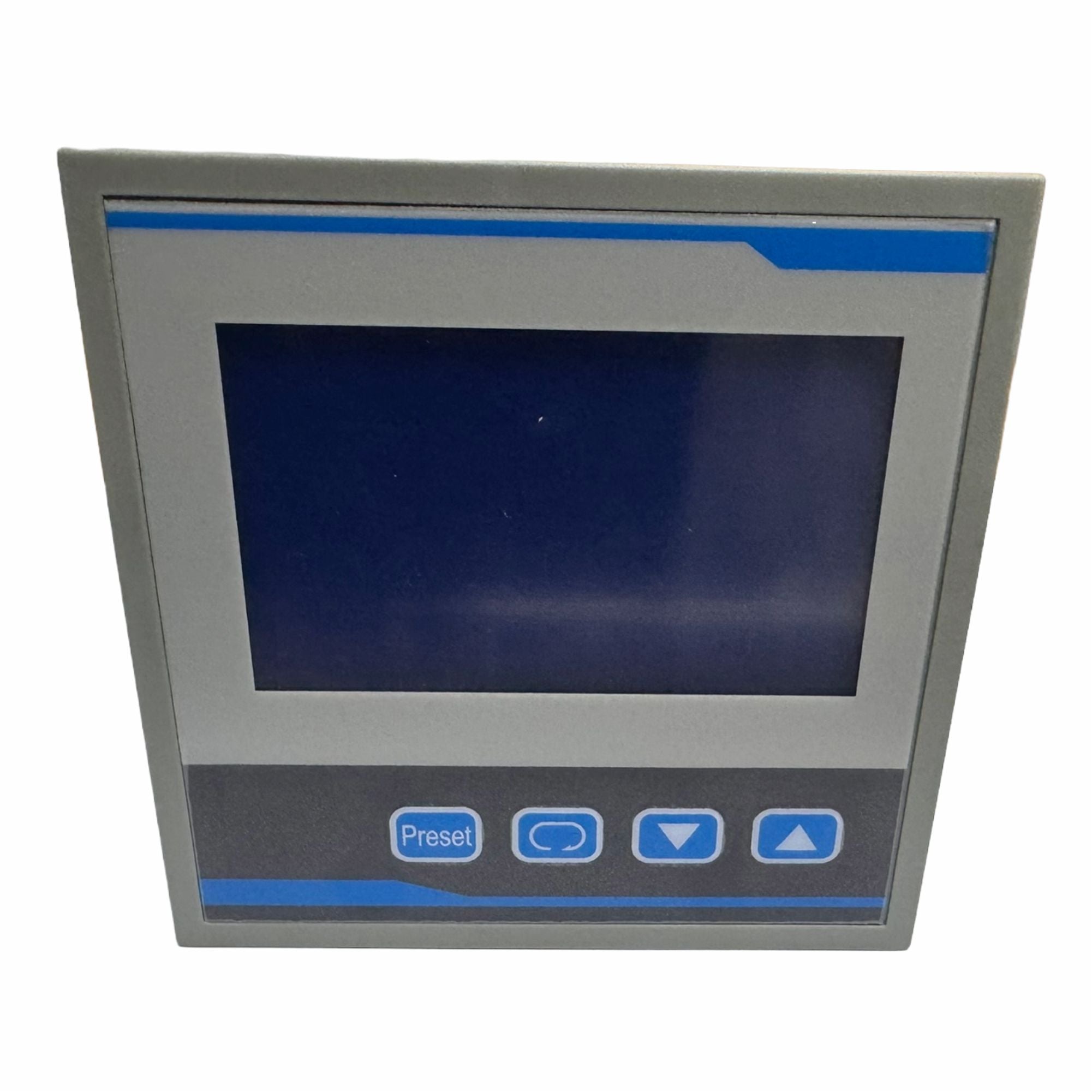 Front view of MEM Control Panel Version V2 With Pre-Sets featuring a digital display and four function buttons for heat press customization.