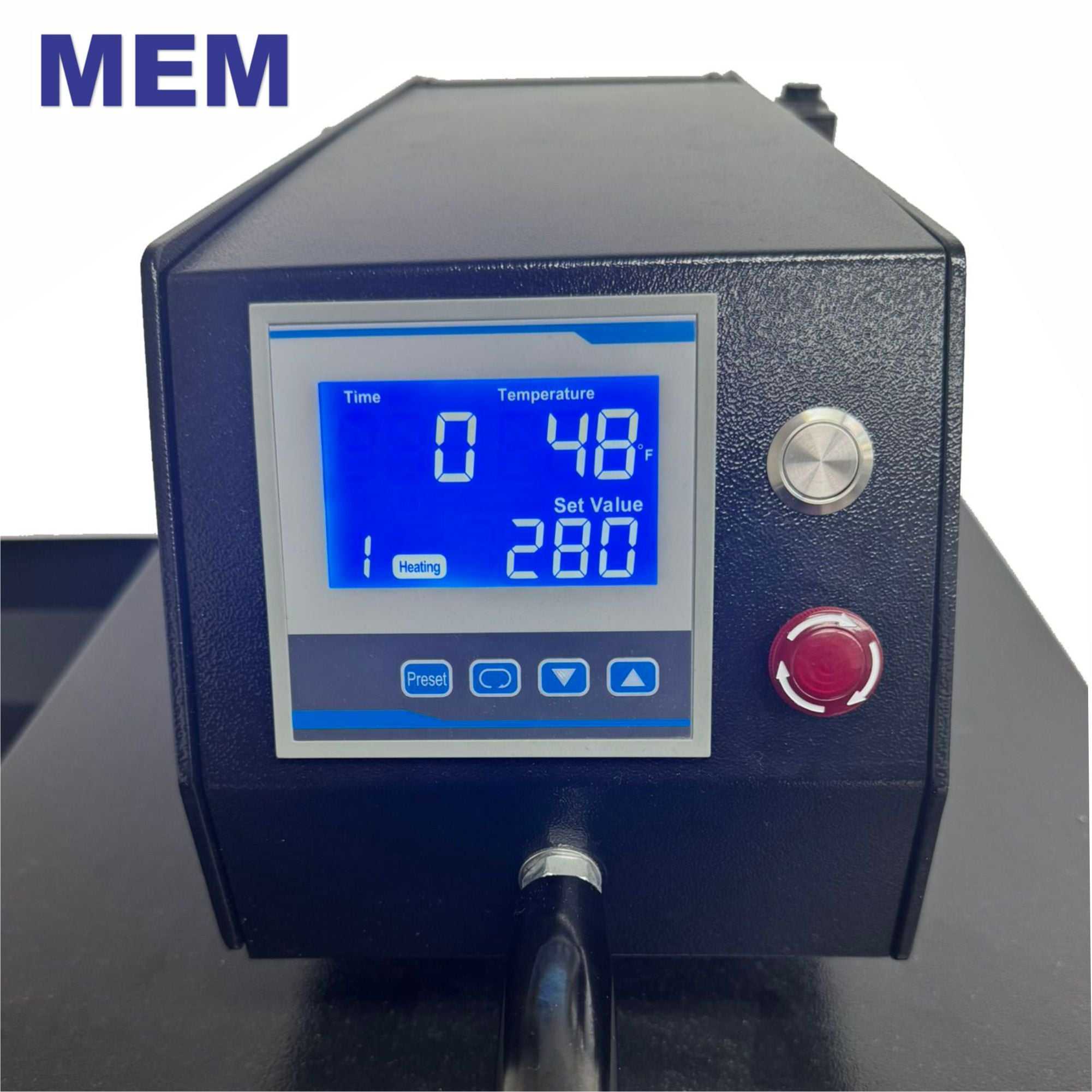 Control panel of the MEM TQA-4050 16" x 20" Semi-Automatic Double Station Pneumatic Heat Press with Quick Release, featuring an LCD display for time and temperature settings.