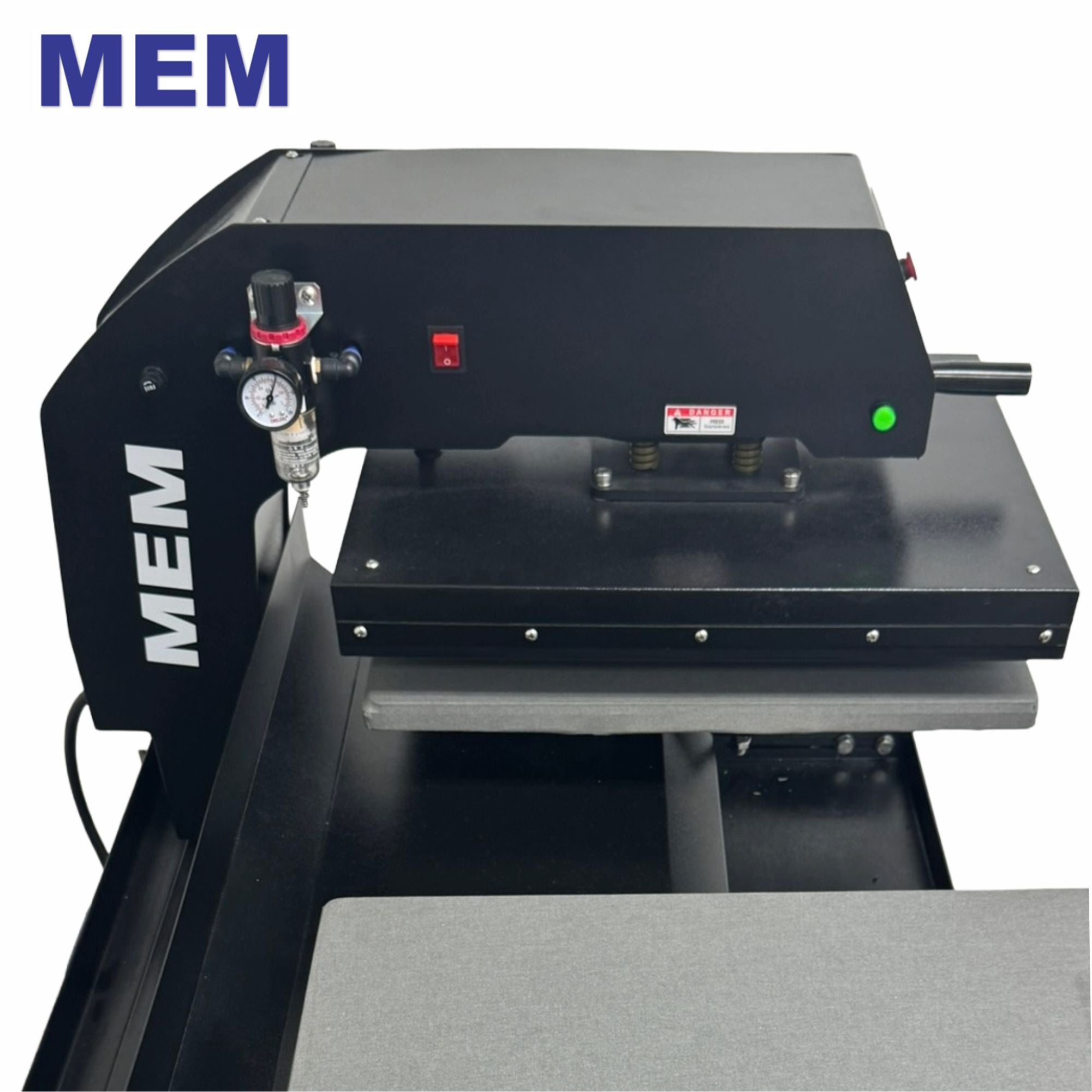 Close-up view of the MEM TQA-4050 16" x 20" Semi-Automatic Double Station Pneumatic Heat Press with Quick Release, highlighting pressure gauge and design features.