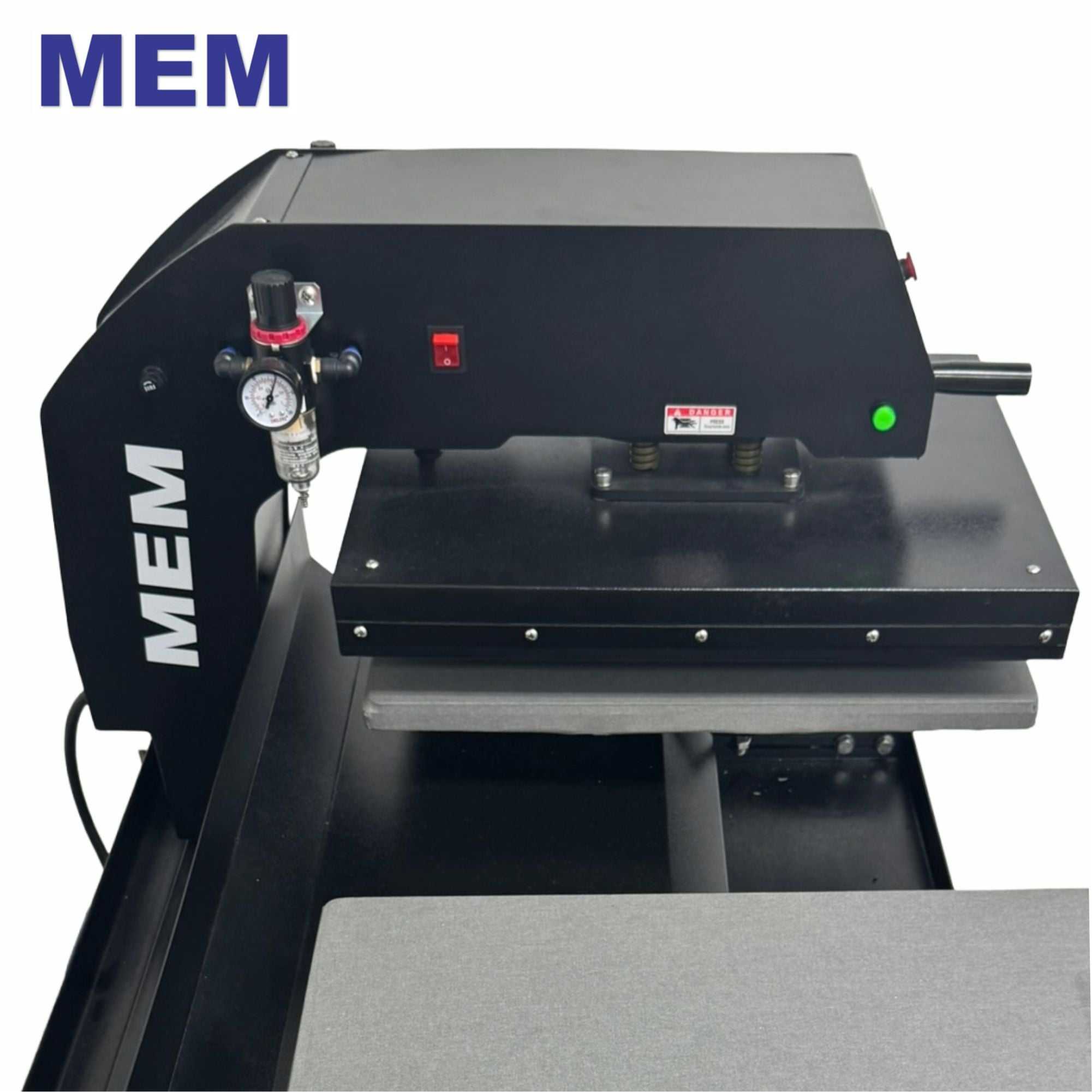 Close-up view of the MEM TQA-4050 16" x 20" Semi-Automatic Double Station Pneumatic Heat Press with Quick Release, highlighting pressure gauge and design features.