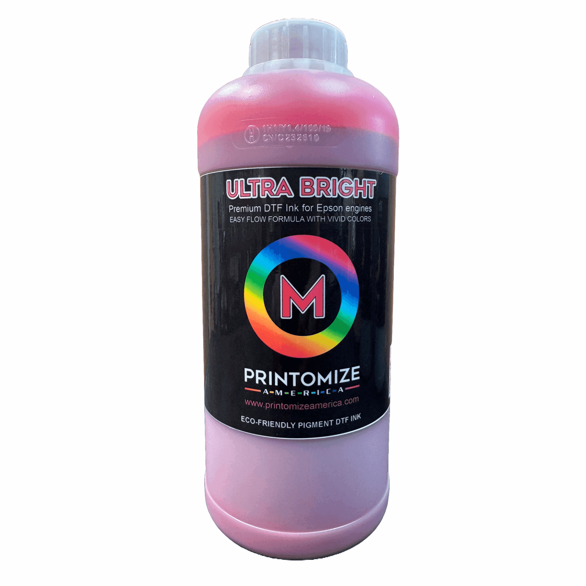 Single DTF Ultra Bright Ink bottle labeled 'M' specifically formulated for Epson engines, featuring eco-friendly pigment design by Printomize America.