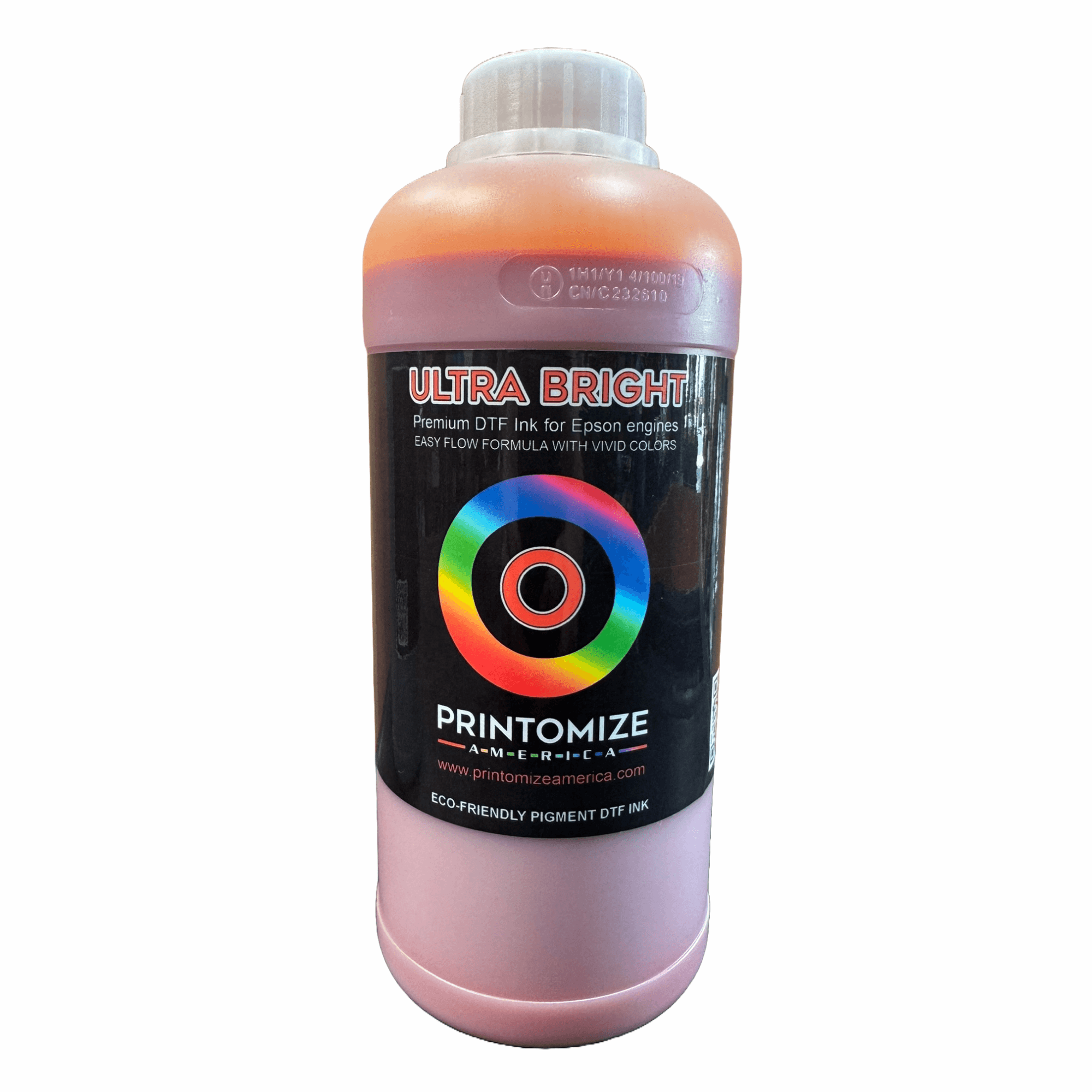 Image of DTF Ultra Bright Ink by Printomize America, showcasing a vibrant, premium ink bottle designed for high-quality, eco-friendly printing, perfect for creating stunning, vivid prints with a mix and match option of 20 bottles.